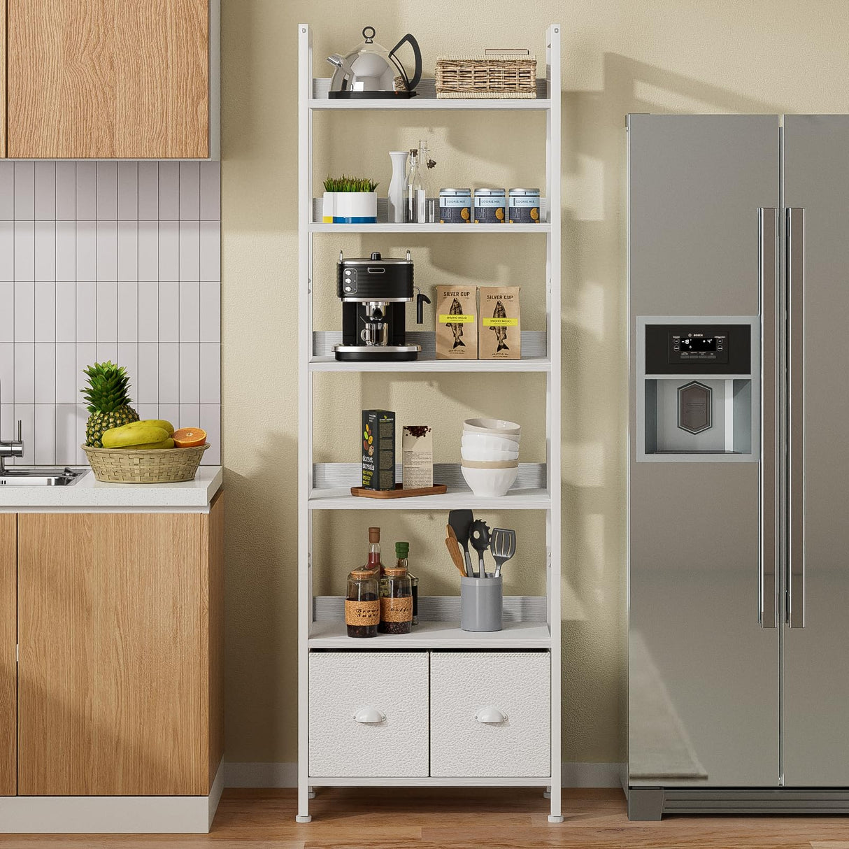 Furologee White 6 Tier Bookshelf with Drawers, Tall 71" Bookcase with Shelves, Modern Wood and Metal Bookshelves Storage Organizer, Display Free Standing Shelf Unit for Bedroom, Living Room, Office Furologee