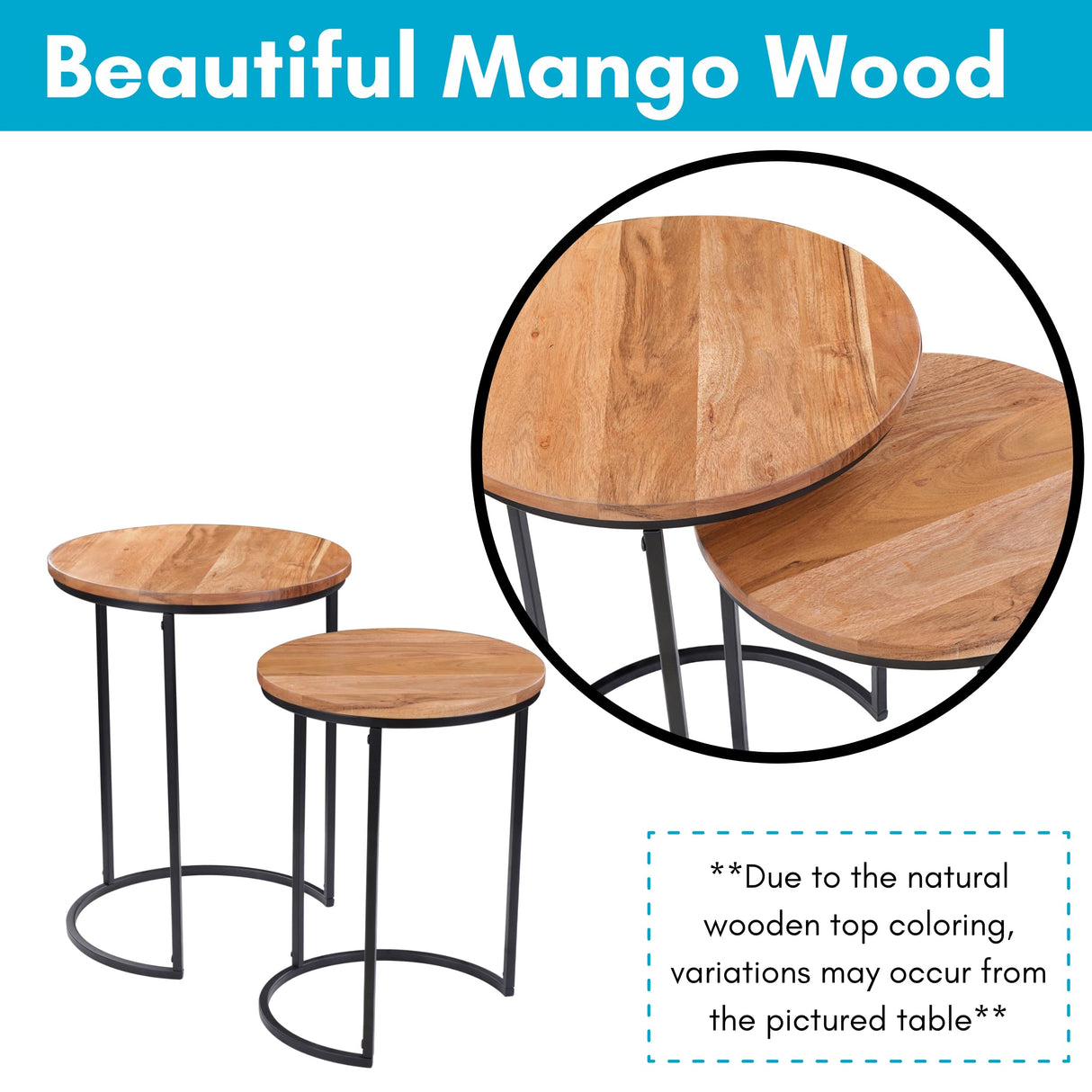 BIRDROCK HOME Wooden Nesting Side Tables - Mid Century Modern Stackable Coffee Table - Space-Saving Wooden End Table for Living Room, Bedroom, Centerpiece, Office, Balcony - Natural Mango Wood - 2 Set BIRDROCK HOME