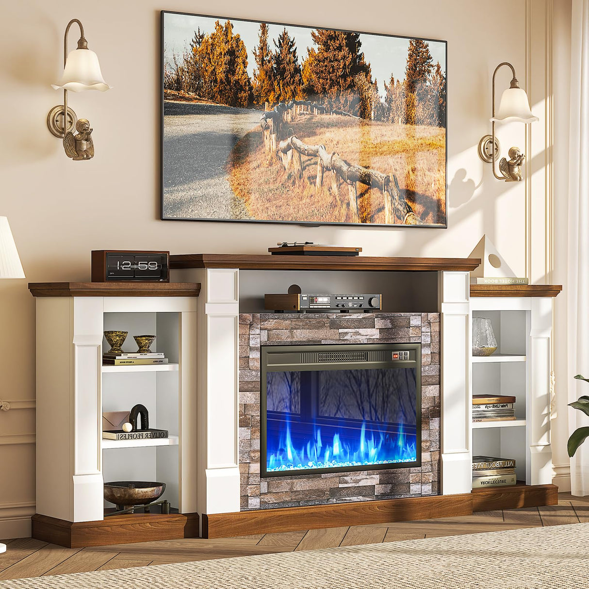 oneinmil 70" Fireplace TV Stand, Electric Fireplace with Mantel, Modern Entertainment Center with Open Storage, Remote Control, Adjustable Flame, Fire Place TV Stand for Living Room, Bedroom Oneinmil