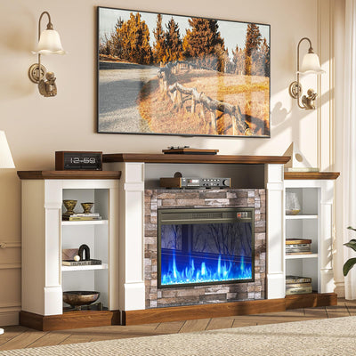 oneinmil 70" Fireplace TV Stand, Electric Fireplace with Mantel, Modern Entertainment Center with Open Storage, Remote Control, Adjustable Flame, Fire Place TV Stand for Living Room, Bedroom