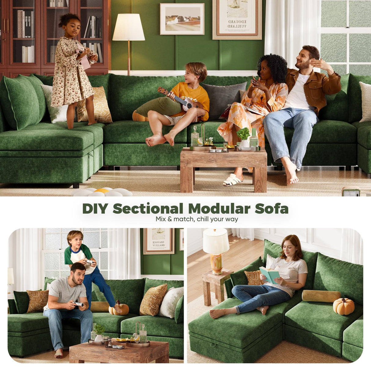 ABCASA Oversized Loveseat Sofa, Modern Modular Sectional Couch Green Fluffy Chenille Mid Century 2-Seat 24.5" Deep Seat for Apartment, Living Room, Bedroom ABCASA