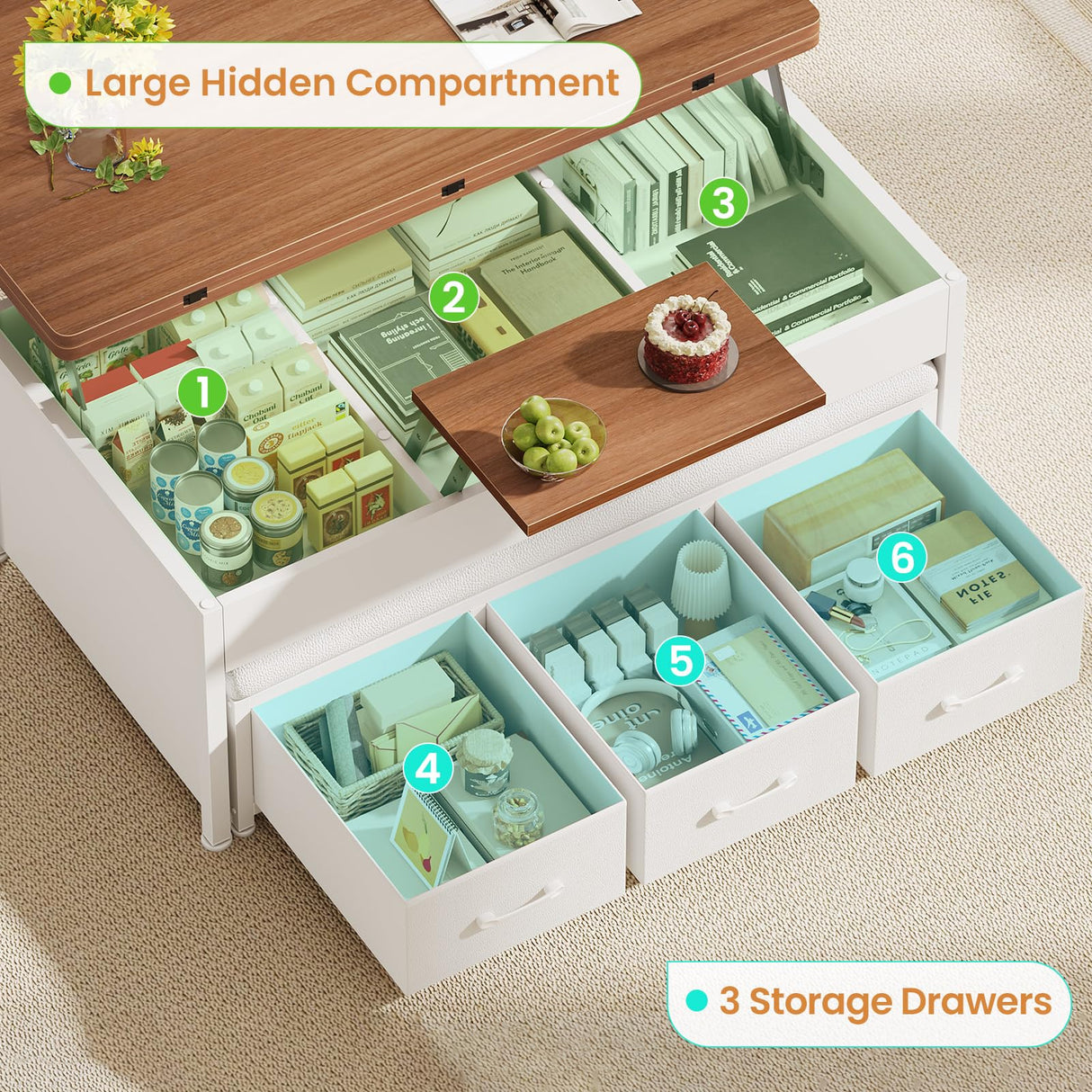 Itaar Lift Top Coffee Table Set, 43'' Multi-Function Coffee Table with Storage Drawers and Hidden Compartment, Center Table with Ottoman Bench for Living Room, White Itaar