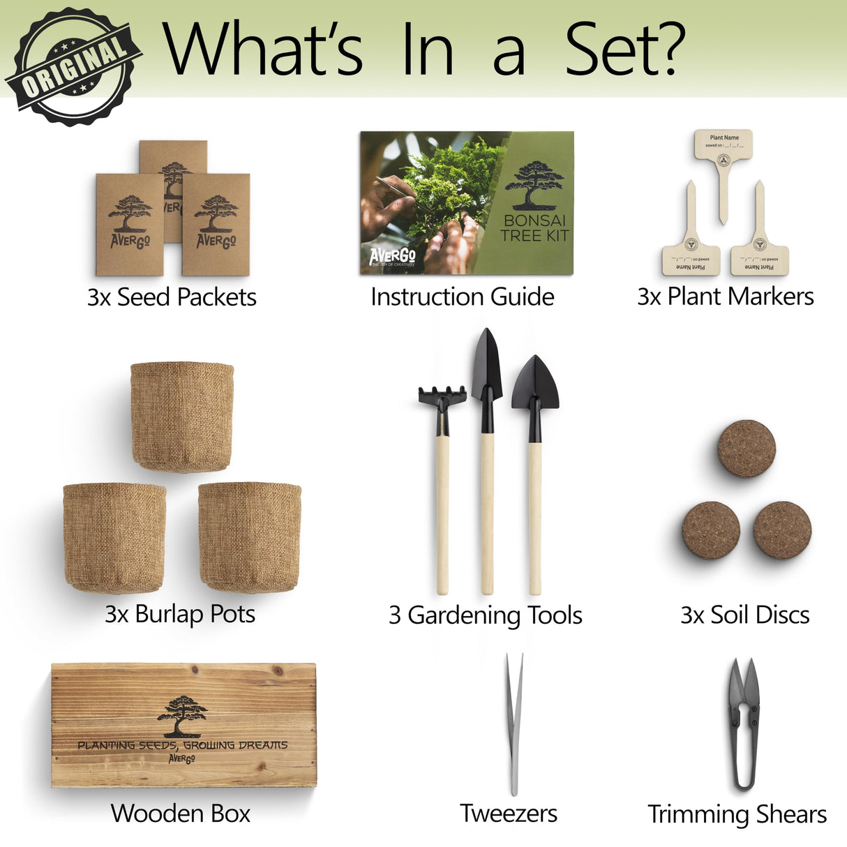 Avergo Bonsai Tree Kit – 3X Unique Japanese Bonzai Trees | Complete Indoor Starter Kit for Growing Bonsai Plants with Tools & Planters – Gardening Gifts for Women & Men AVERGO