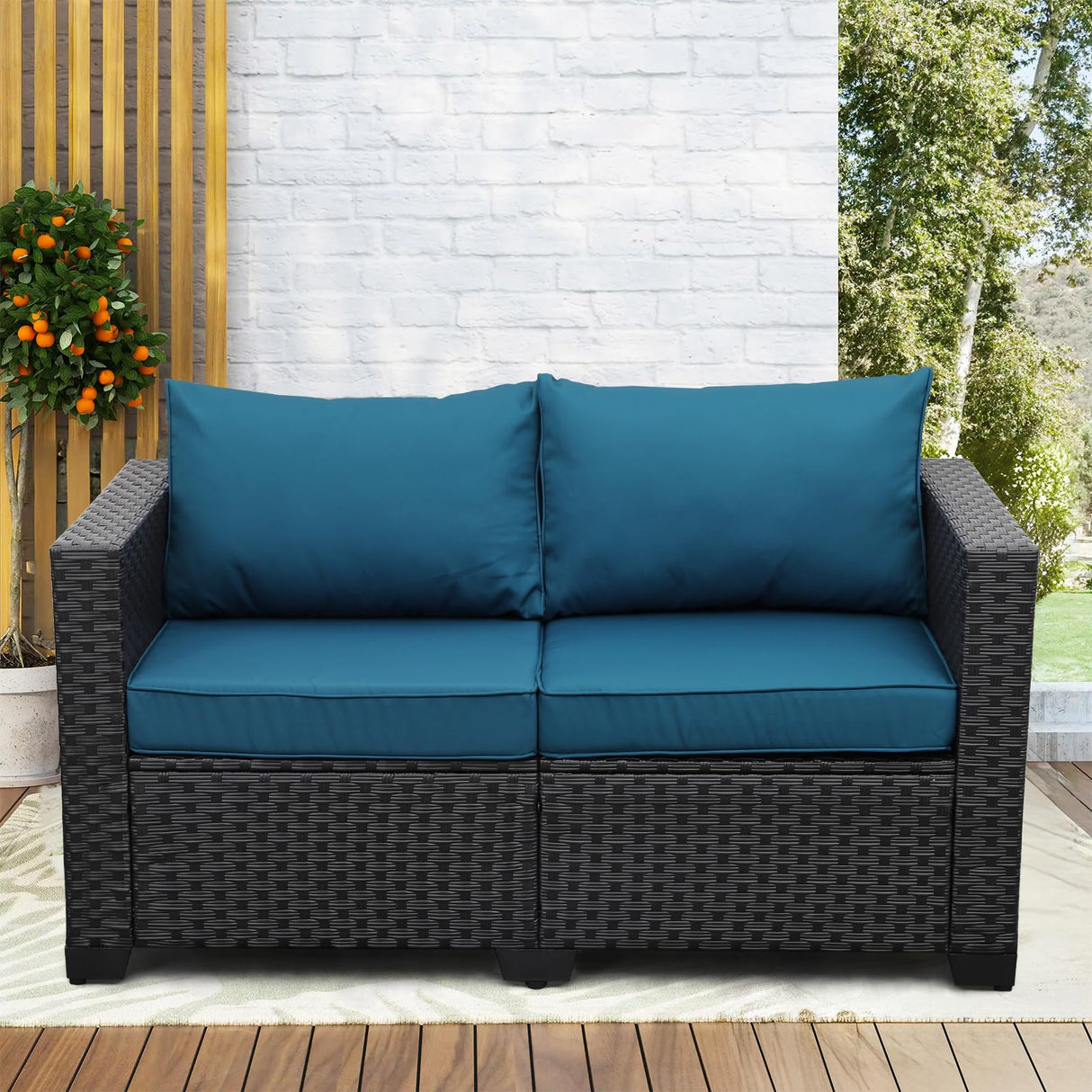 Rattaner Outdoor Furniture Loveseat Sofa Patio Furniture Small Sofa 2 Seater Couch with Anti-Slip Cushions Lumbar Pillow and Waterproof Cover, Peacock Blue Rattaner