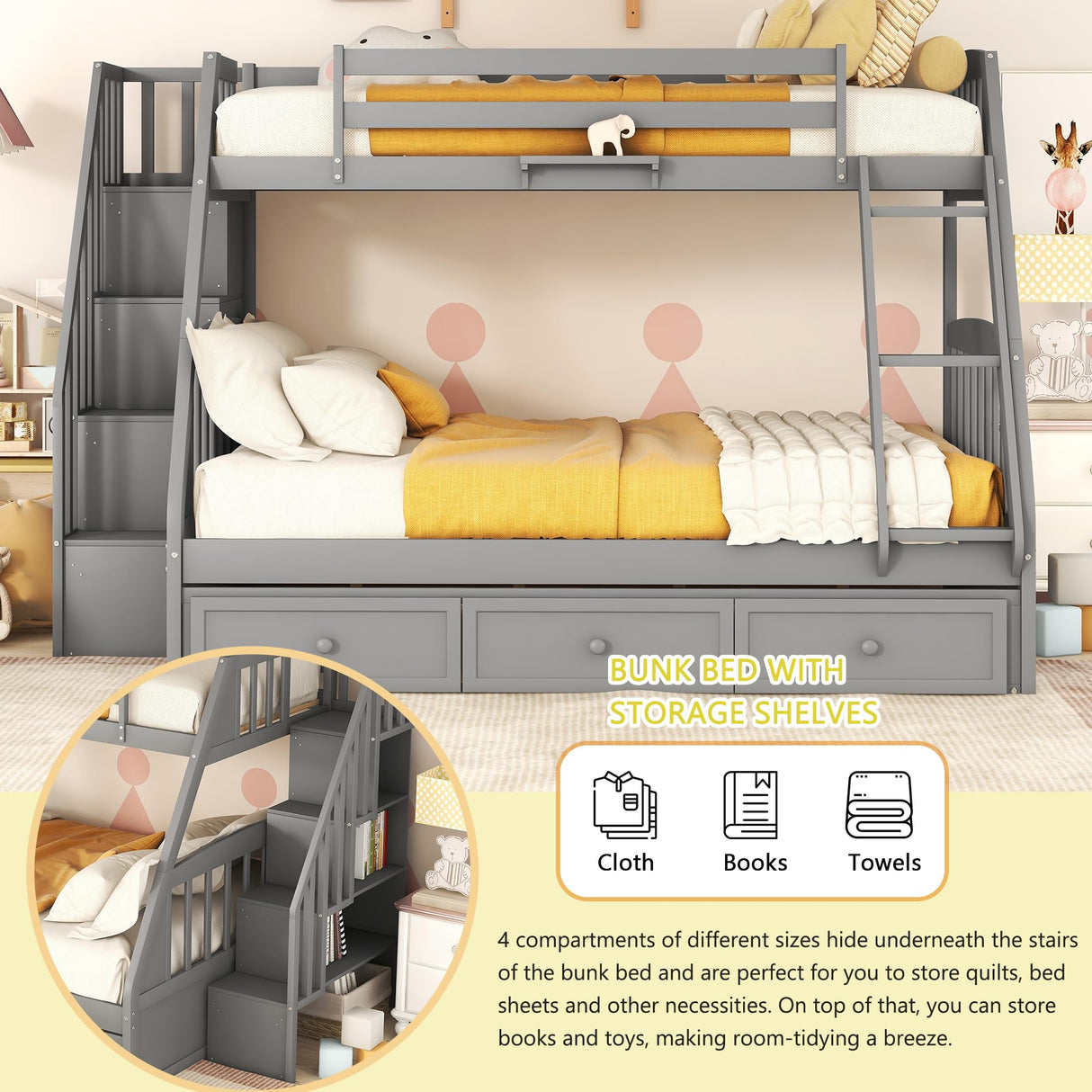 Merax Wooden Twin Over Full Stairway Bunk Bed with Three Storage Drawer, Storage Staircase, Removable Ladder and Safety Guardrail, Convertible to 2 Separated beds, Grey Merax