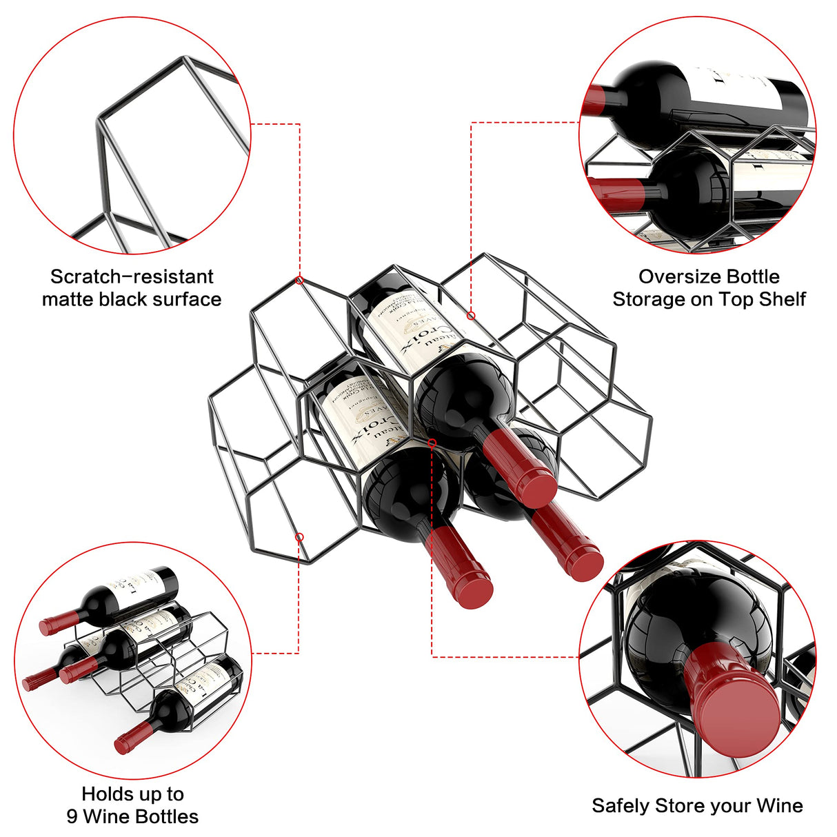 Countertop Wine Rack Freestanding, Small Metal Honeycomb Wine Holder Stand, Black 9 Bottle Organizer for Water Bottles, Tabletop Storage Rack for Home Kitchen Bar Handisen