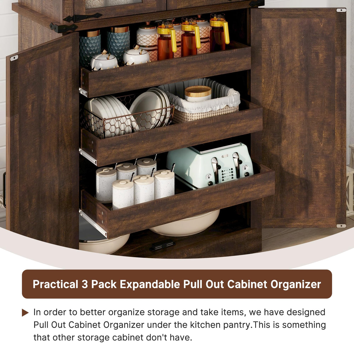 71" Tall Kitchen Pantry Cabinet with 3 Pack Pull Out Drawers for Cabinets,Farmhouse Storage Cabinet with Load-Bearing Steel Pipe,Pantry Organizers and Storage for Kitchen,Dining Room(Antique Brown) chartustriable