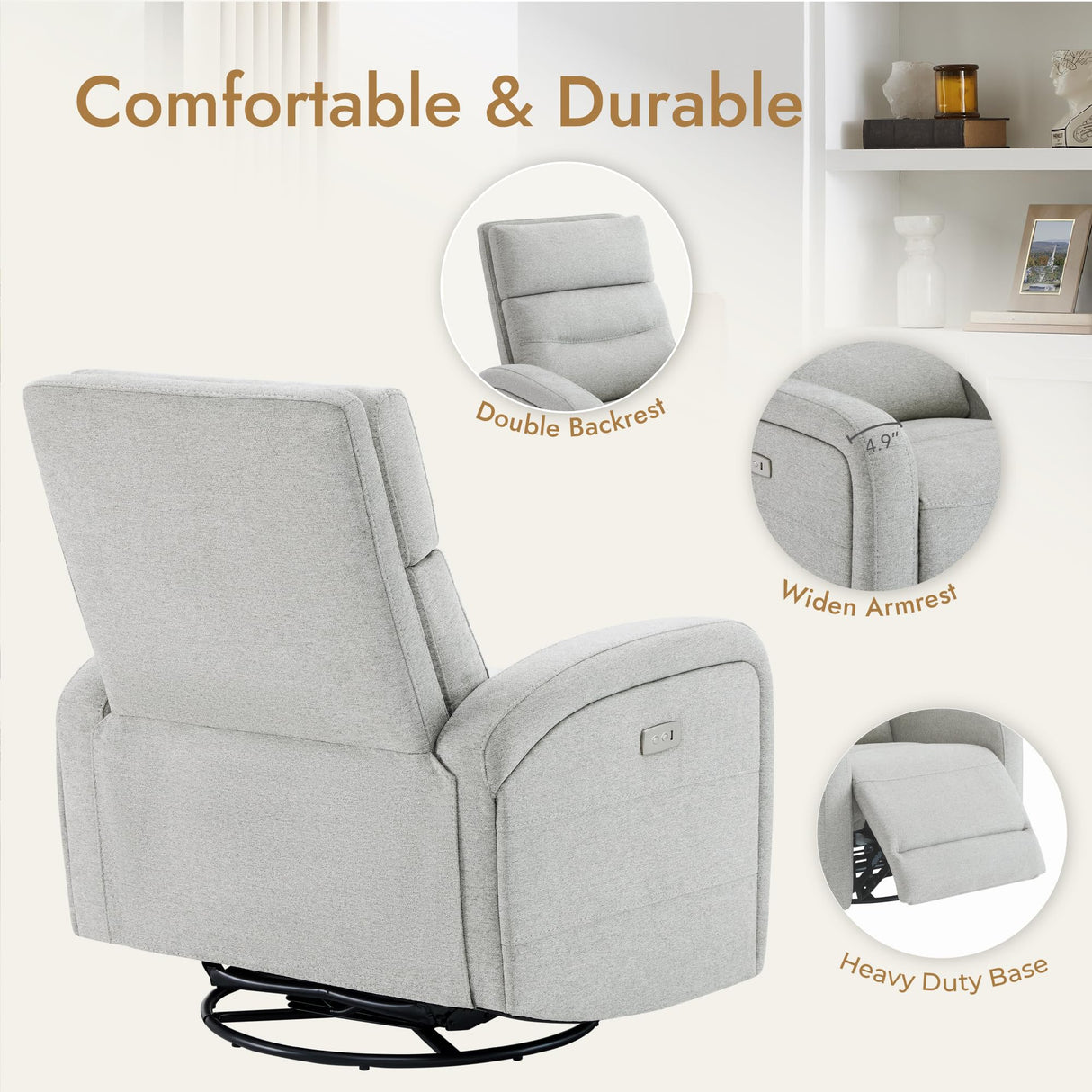 Watson & Whitely Swivel Power Recliner Glider Rocker, Small Recliner with Charging Port for Living Room, Fabric in Dove Grey Watson & Whitely