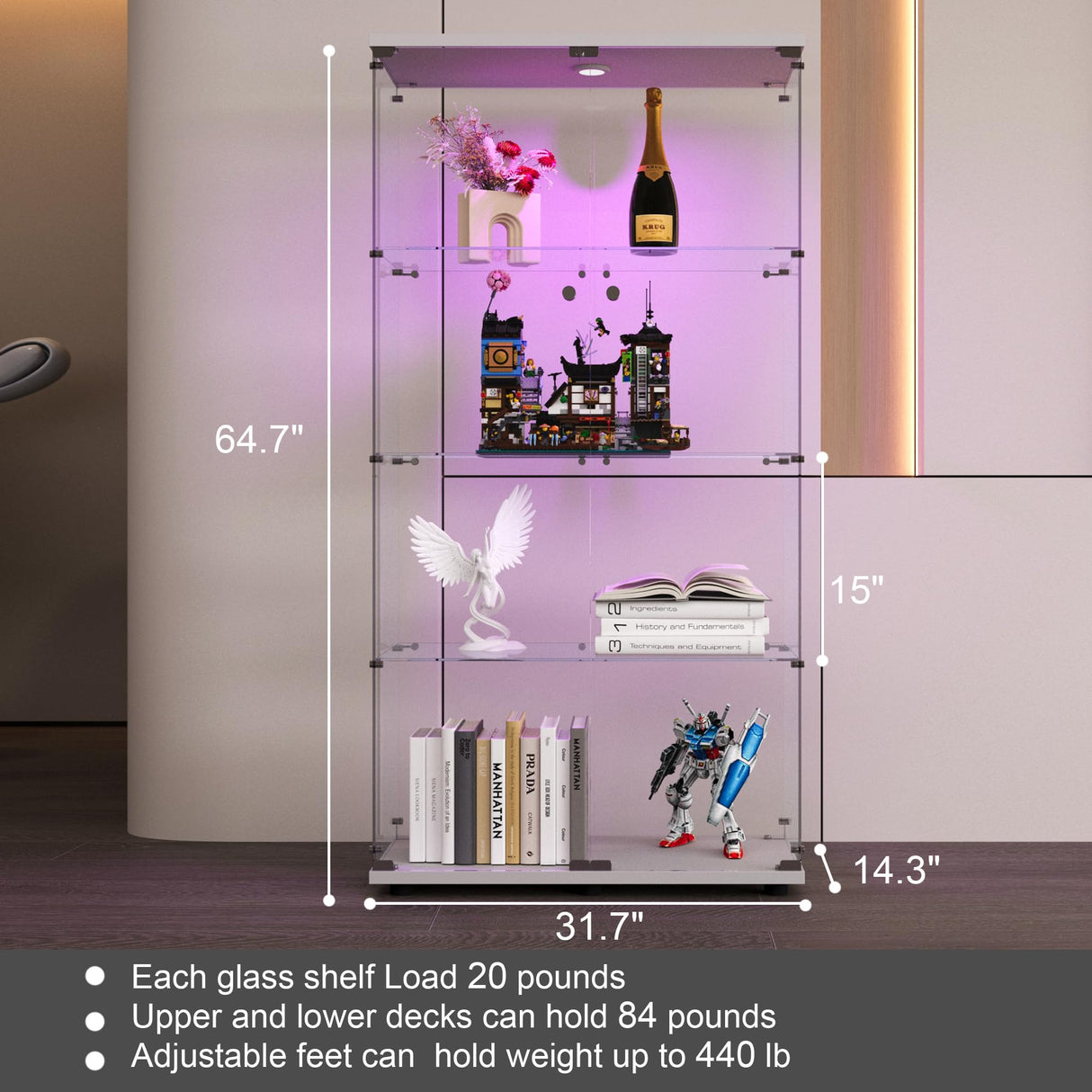 Yoluckea Glass Cabinet with LED Light, 4 Shelves Glass Display Cabinet w/2 Doors,Floor Standing Clear Glass Curio Cabinet Collection Display Cabinet for Living Room Bedroom 64.7” x 31.7” x 14.3” White Yoluckea
