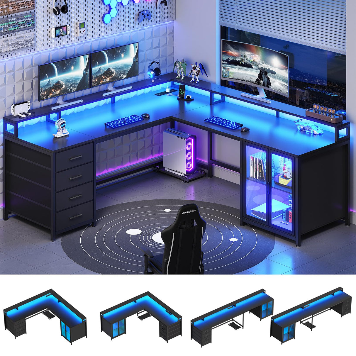 SEDETA L Shaped Gaming Desk with 4 Drawers, 109” Computer Desk with Display Cabinet, Home Office Desks with 2 Monitor Stands, CPU Stand, LED Lights and Power Outlet, Black SEDETA