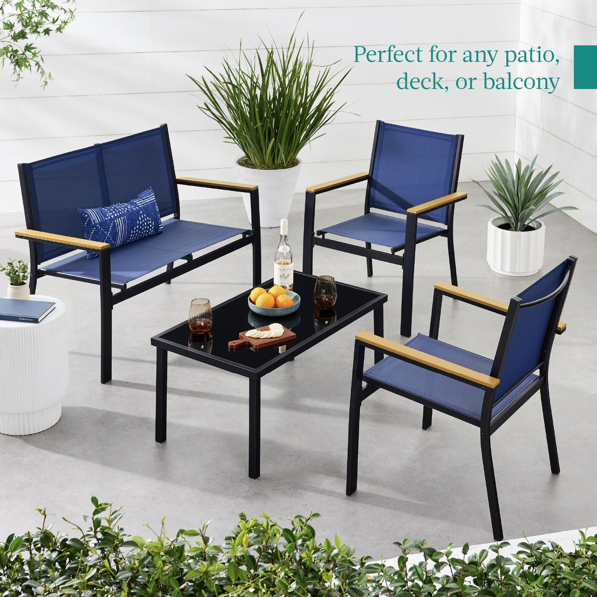 Best Choice Products 4-Piece Outdoor Textilene Patio Conversation Set, Backyard Furniture w/Loveseat, Coffee Table, Steel Frame - Black/Navy Best Choice Products