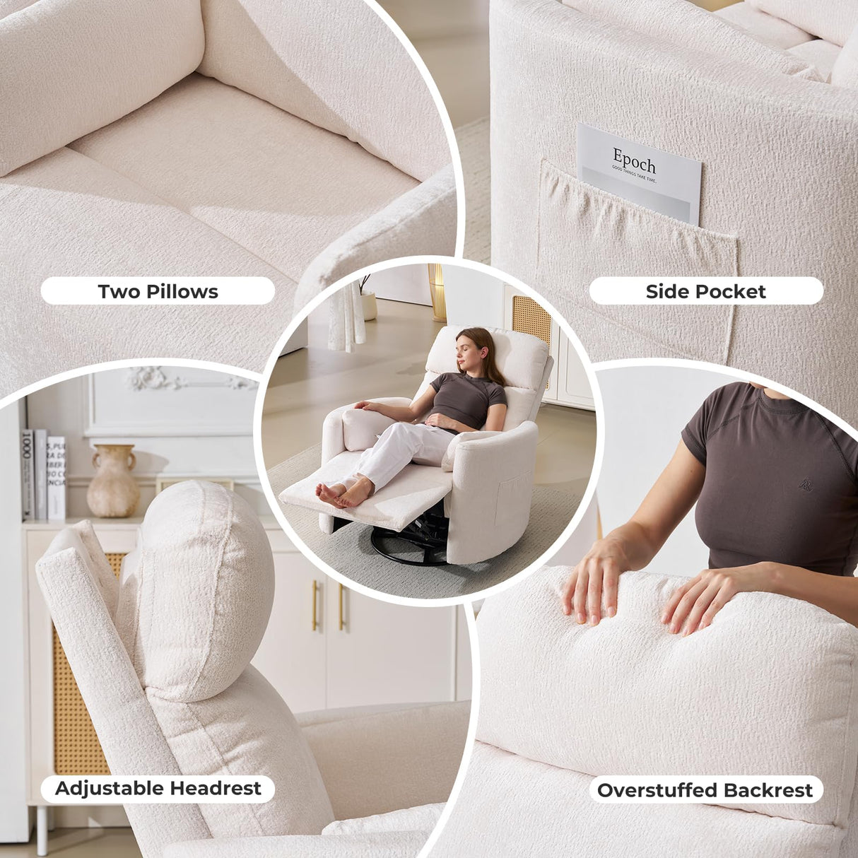 Rhevoy Oversized Swivel Recliner Chair with Massage and Heat, Rocking Chair Nursery with Adjustable Headrest, Rocking Chair Nursery Glider Chairs with 2 Pillows, Glider Rocker Recliner, White Rhevoy