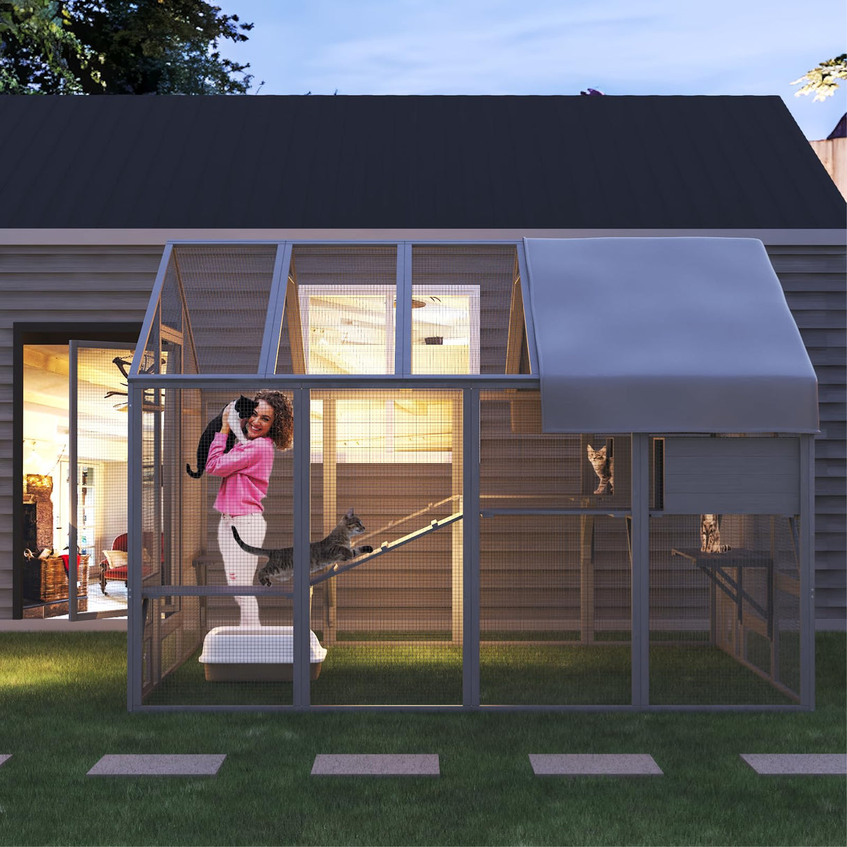 TIMHAKA Catio Outdoor Cat Enclosure, Large Cat Catio for Multiple Cats with 7 Platforms, 2 Resting Box and 2 Bridges, Wooden Cat House Cage with Waterproof and UV Proof Cover, 71 x 71 x 97 inch TIMHAKA