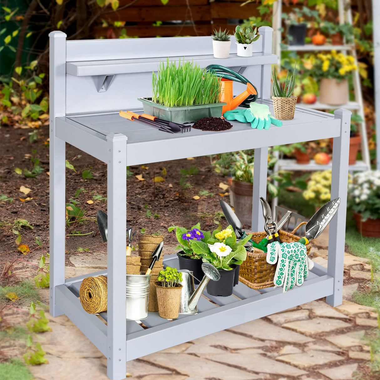 EAGLE PEAK Outdoor Indoor Maintenance Free Vinyl Garden Potting Bench, Waterproof Potting Table with Open Shelf, Lower Storage, 40inx21.6inx43.9in, Gray EAGLE PEAK