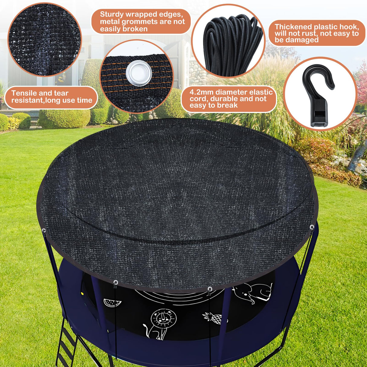 Trampoline Cover Round 12 Holes 90% Sunblock Shade Cloth 14FT Black Trampoline Top Shade Cover Sun Shade Mesh Tarp with 49FT Elastic Cord & 24 Plastic Hooks for Outdoor Backyard Playground(Tent Only) Voccos