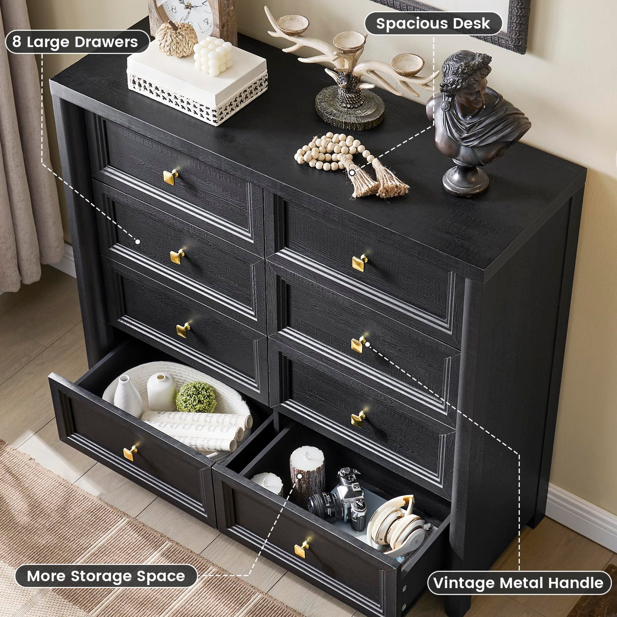 Standifurno Farmhouse Dresser for Bedroom, 41" Tall Black Dresser with 8 Drawers, Soide Rustic Wood Vintage Dressers Chest of Drawers for Bedroom, Living Room, Hallway Standifurno