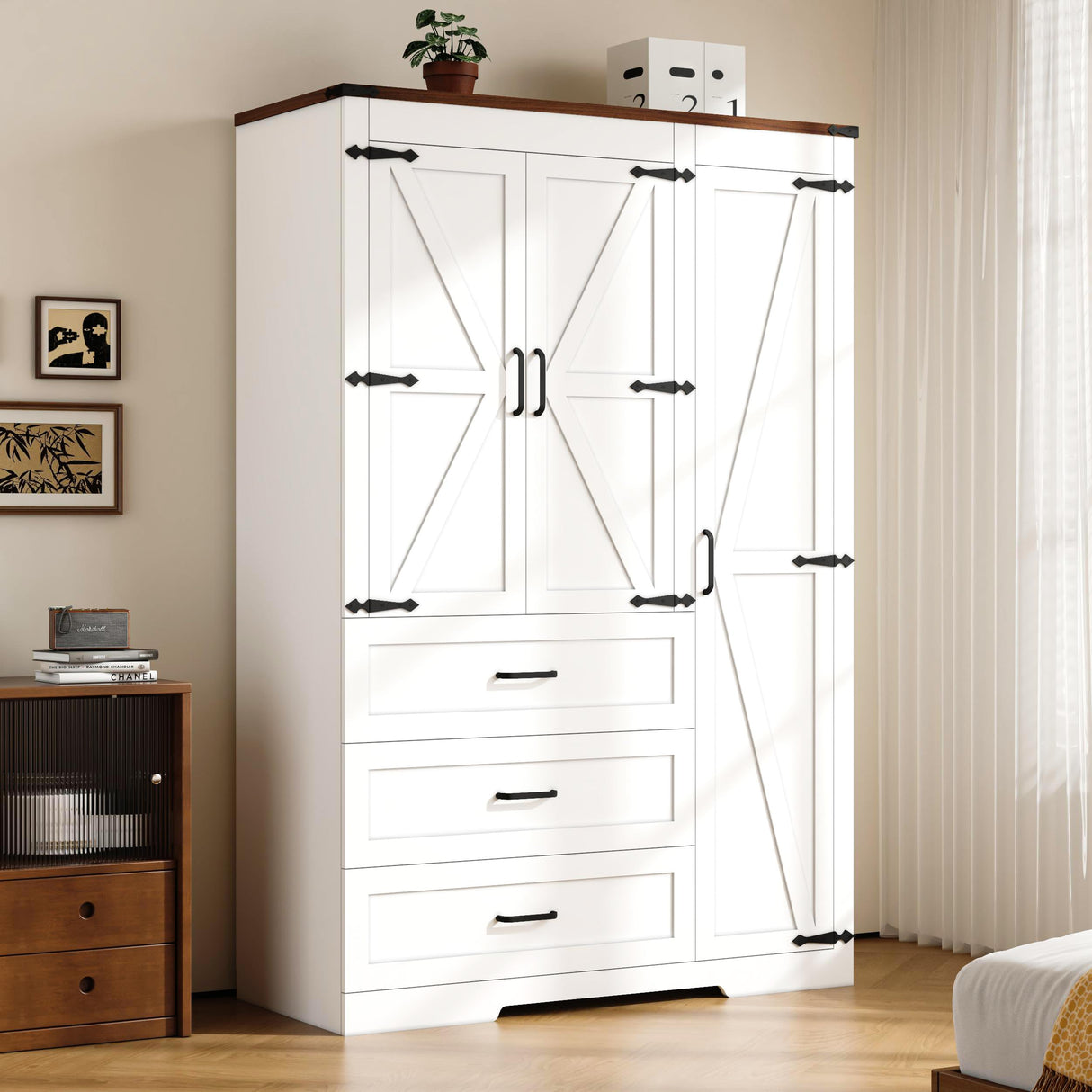 CayugaCrekrd 70" Tall Wardrobe Closet with 3 Doors & 3 Drawers, Farmhouse Armoire with Hanging Rod, Wooden Armoire Wardrobe Closet for Bedroom, Freestanding Clothing Storage Cabinet, White CayugaCrekrd