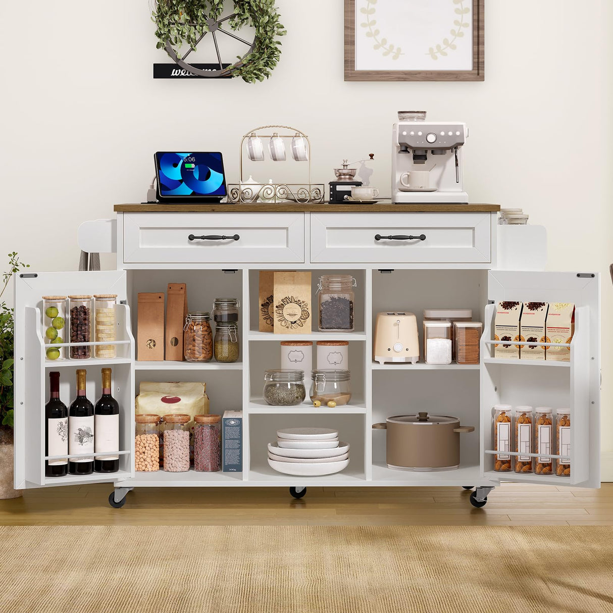 RALGEND Kitchen Island with Power Outlets & Drop Leaf, Kitchen Cart with Storage, Drawer and Spice Rack, Tower Rack, Island Table, White and Walnut RALGEND