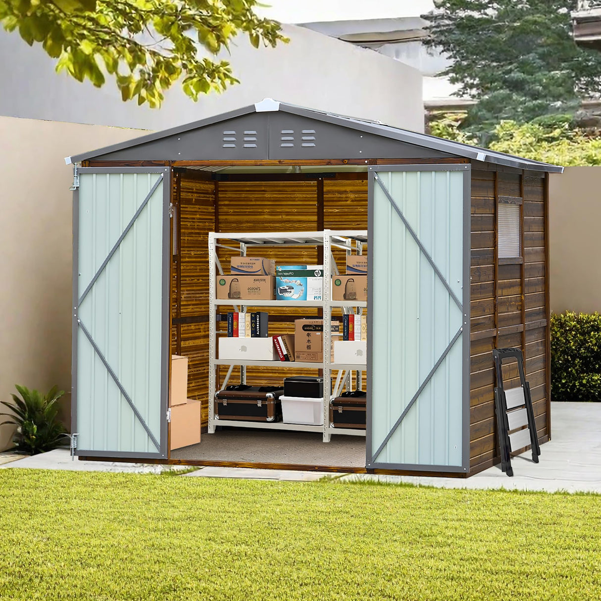 8x6 FT Outdoor Storage Shed, Wood Metal Utility Tool Shed Storage House with Door and Lock, Wooden Sheds Outdoor Storage for Garden,Patio,Lawn,Poolside AEMSOFK