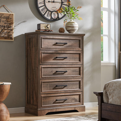 ACCOHOHO Farmhouse 5 Drawers Dresser Chests for Bedroom,46" Tall Wood Rustic Chest of Drawers with Wide Metal Handle,Natural Texture,Drawer Organizer for Bedroom,Living Room,Hallway and Entryway,LB