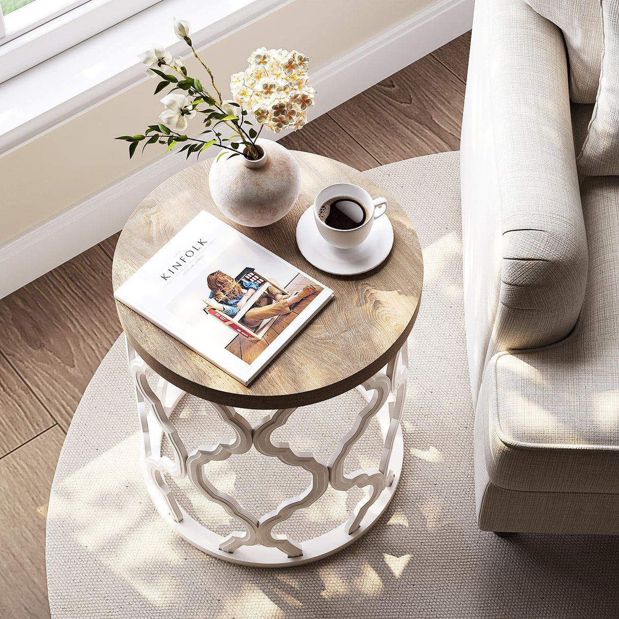 karlott Farmhouse End Table, 17.7'' Round French Country Side Table, Wood Top Side Table with Curved Motif Frame Base for Boho, Living Room, Bedroom, Small Space karlott