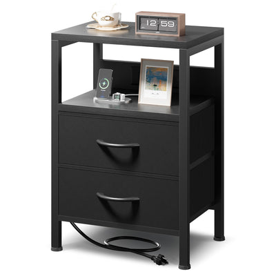NightStand Bedside Charging Table Bedroom - Night Stand with Charger Station, Modern Nightstand with Open Shelf & 2 Fabric Drawers, Bed Side Table with USB-C USB Ports & AC Outlets for Dorm, Black