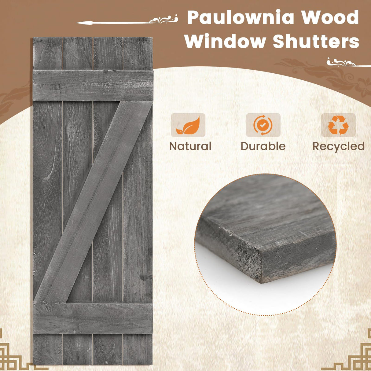 Giantex Set of 2 Shutters for Windows, Farmhouse Wall Decor, Paulownia Wood, Wall Mounted Hardware Included, Rustic Window Shutters for Outside Inside (Rustic Gray, 36'' x 13'') Giantex