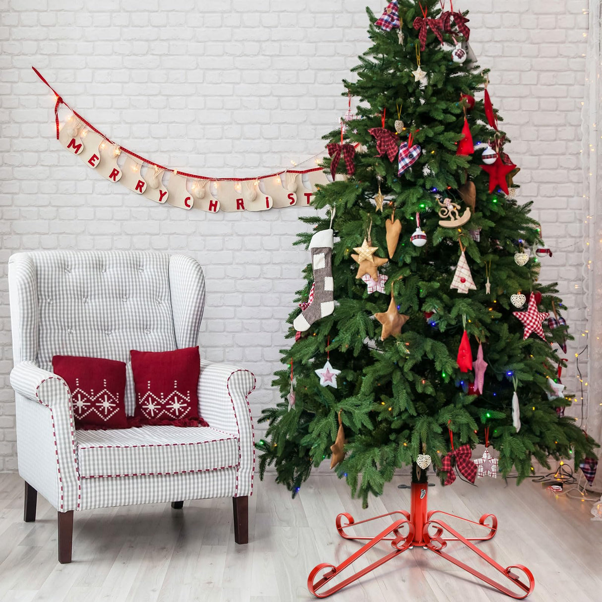 Foilswirl Christmas Tree Stand for Artificial Fake Tree Holder 4 to 8 FT Iron Metal Adjuatable Xmas Tree Base with Thumb Screw Indoor Outdoor Holiday Party Decor Fits Up to 1.4" Tree Trunk (Red) Foilswirl