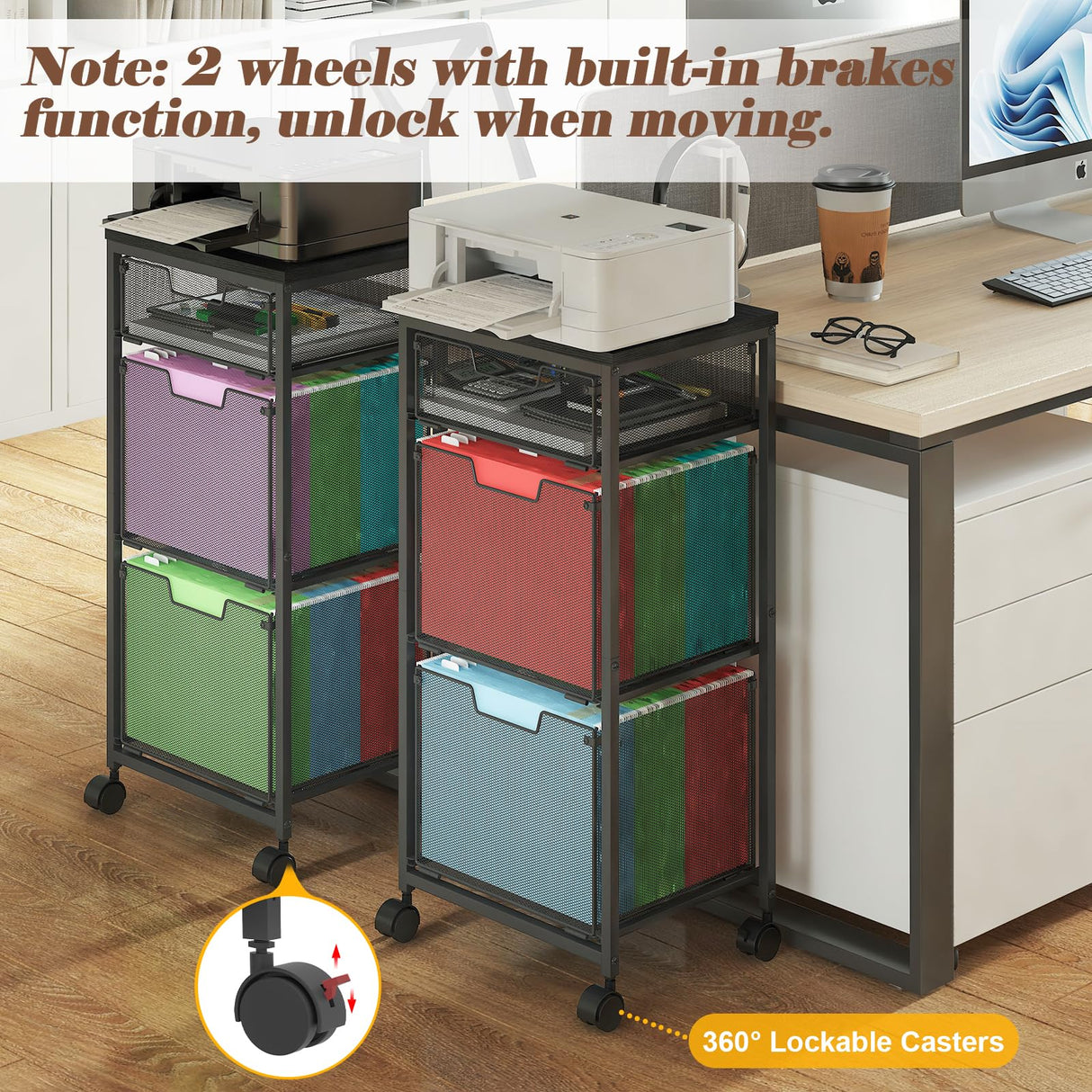 Sbanmao 3 Drawer Mobile File Cabinet for Home Office, Rolling Filing Cabinet on Lockable Wheels, Hanging File Folders Organizer, Utility Cart Storage and Organizer, Printer Stand, Black Sbanmao