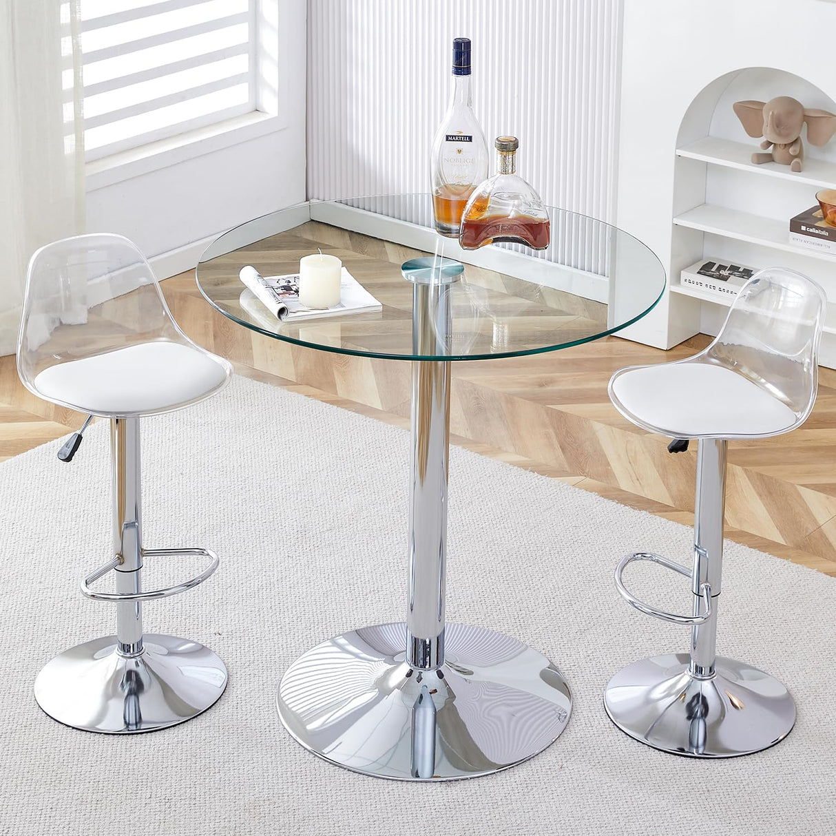 LUFTUT Round Glass Bar Height Table,35" Round Counter Height Table with Tempered Glass Tabletop,Sturdy Silver Chrome Pole Support,Clear Round Pub Tables for Small Space,Kitchen,Bistro(36" H LUFTUT