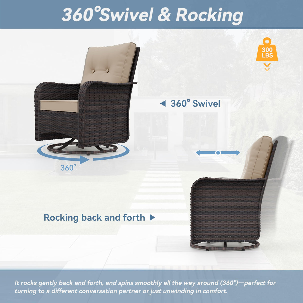 Kurapika 5 Pieces Patio Furniture Set, Rattan Wicker Outdoor Conversation Sets, 4 Woven Rattan Swivel Chairs w/48in Propane Fire Pit Table and Thickened Cushions, Sand Kurapika