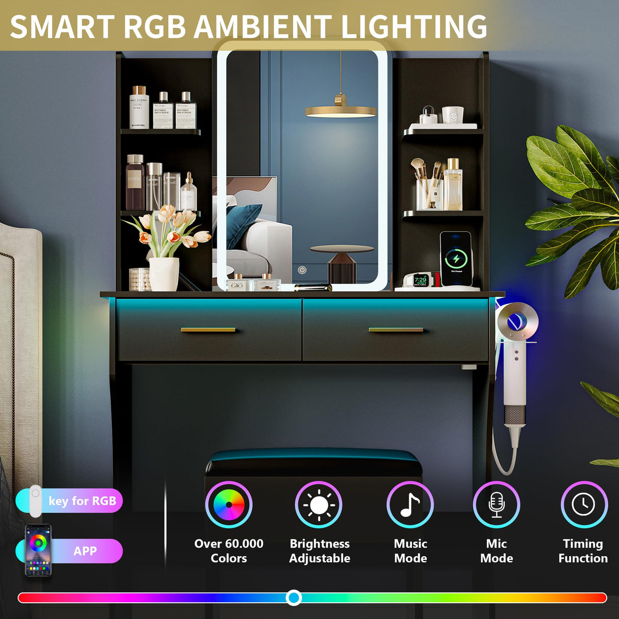 Vanity Desk with LED Lights Mirror & Power Outlet, Small Makeup Vanity Table Set with Storage Drawers & Chair, 3 Lighting Modes & Adjustable Brightness, Dressing Table for Women Girls Bedroom, Black Xixini