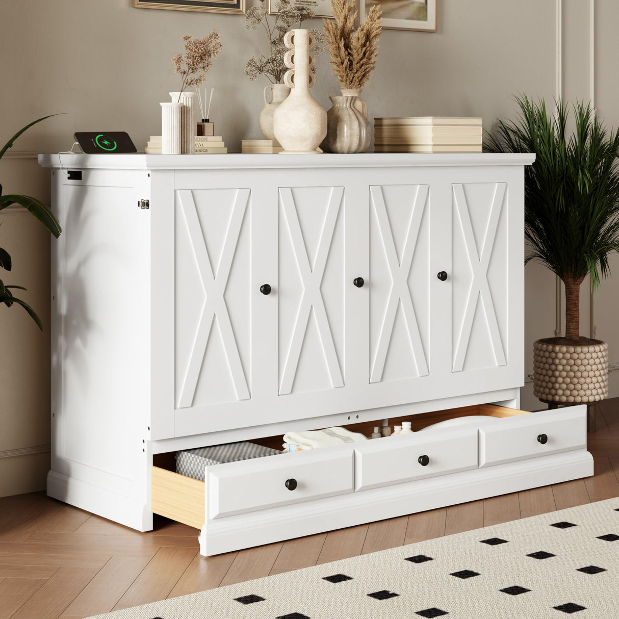 Harper & Bright Designs Full Size Murphy Bed, Solid Pine Wood Farmhouse Full Murphy Bed Frame Chest Cube Cabinet with Charging Station and Large Drawer for Home Office or Small Room, White Harper & Bright Designs