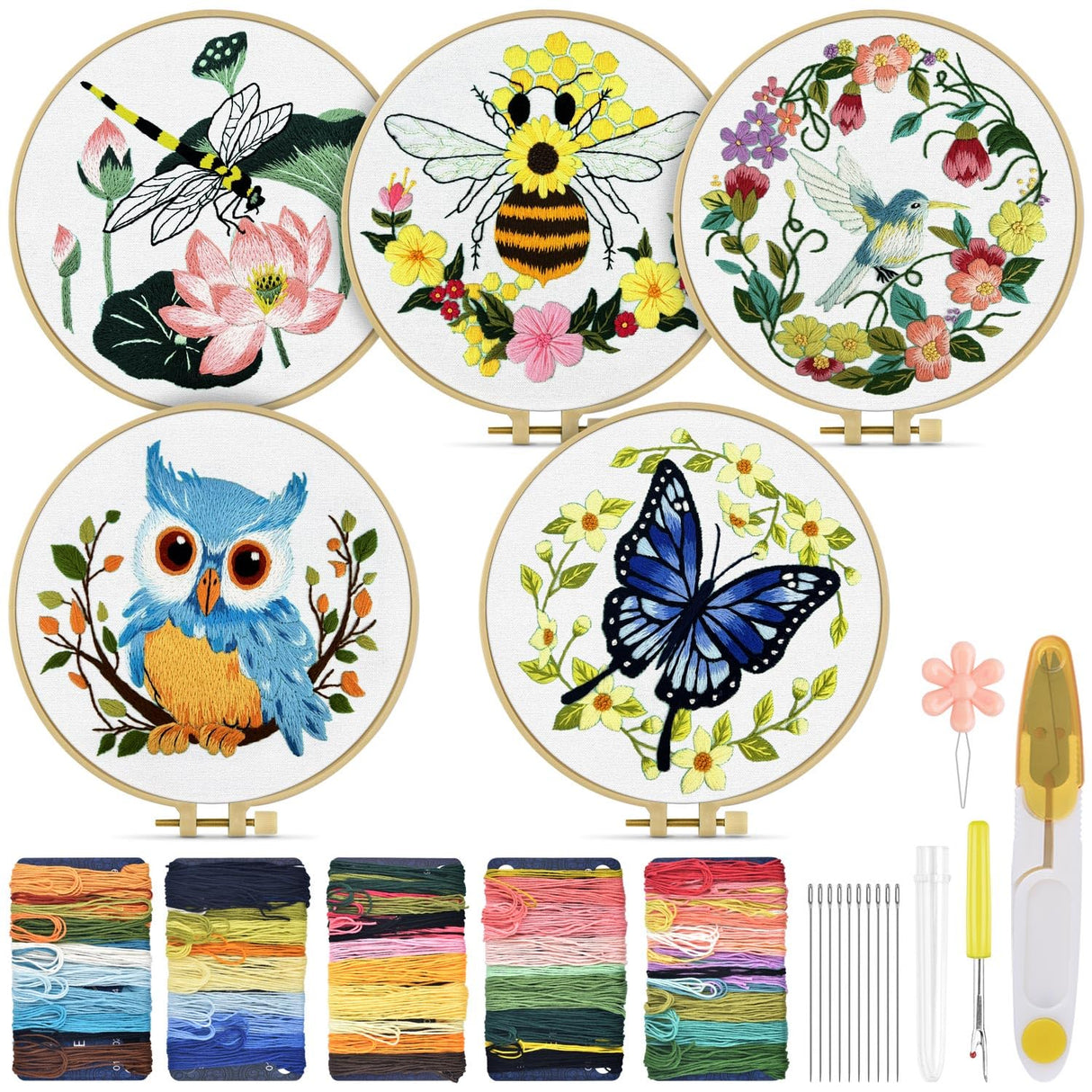 TINDTOP 5 Sets Embroidery Kit for Beginners Adult, Embroidery Kit for Beginners Include Embroidery Cloth Hoops Threads for Craft Lover Hand Stitch with Embroidery Skill Techniques TINDTOP