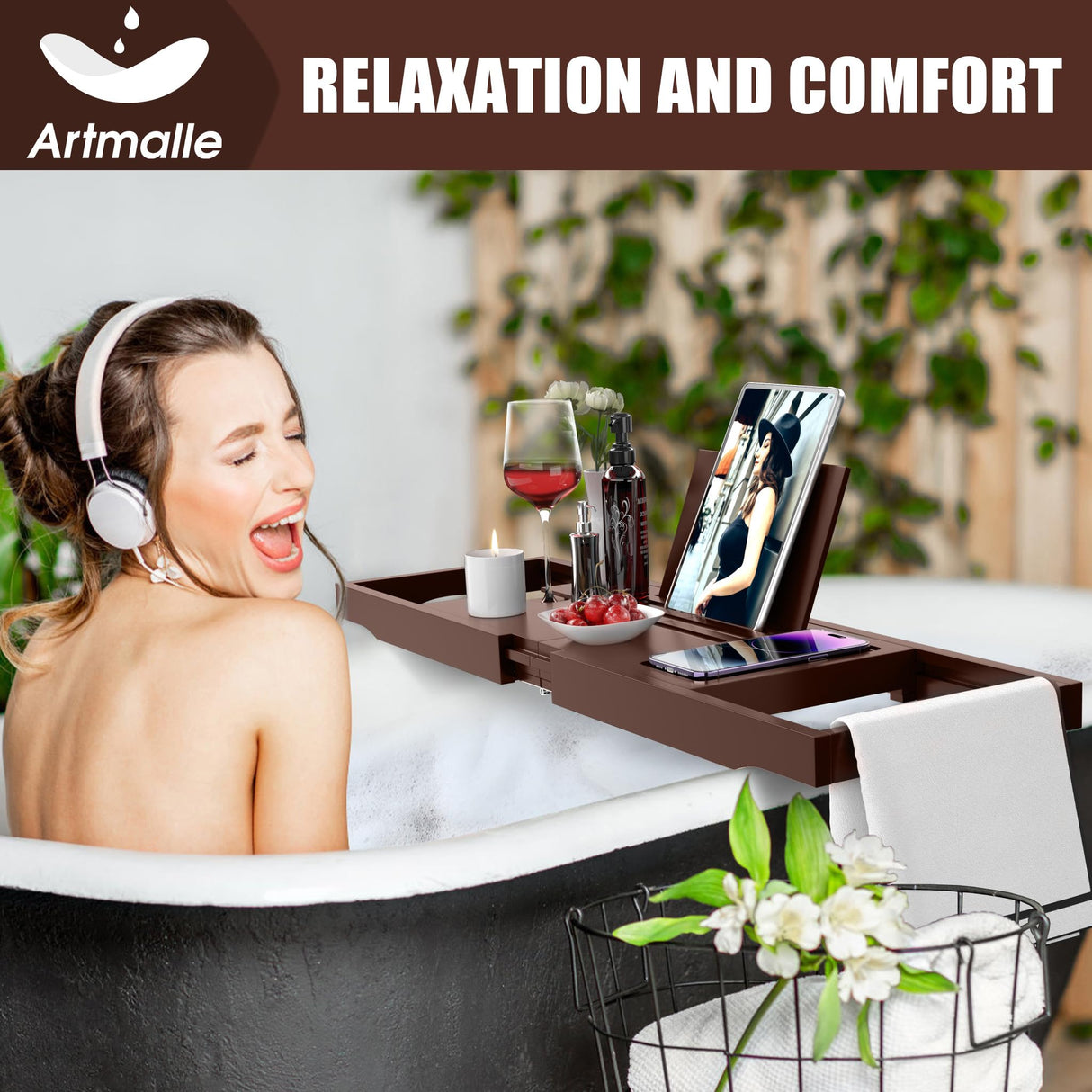 Artmalle Bathtub Tray for Tub, Expandable Bamboo Bath Caddy Tray with Book Stand for Home Spa Relaxing, Foldable Minimalist Bathroom Accessories for Women Men (Simple, Brown) Artmalle