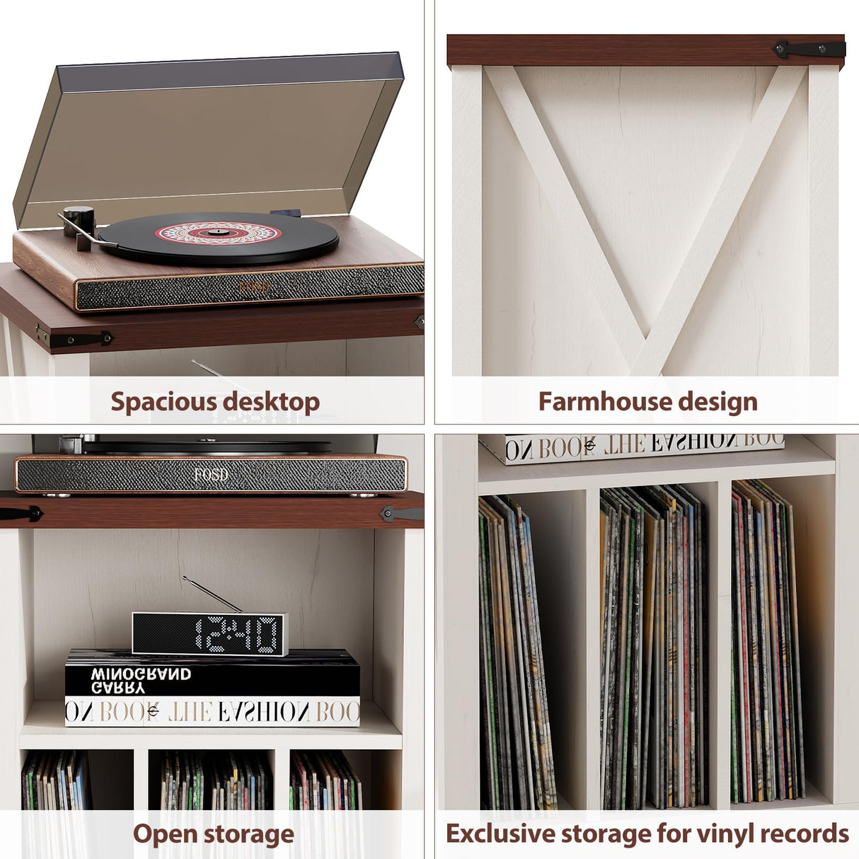 BEWISHOME Record Player Stand, Wood Turntable Stand with Vinyl Record Storage Up to 160 Albums, Farmhouse Record Player Table for Living Room Bedroom, White KCZ01W BEWISHOME