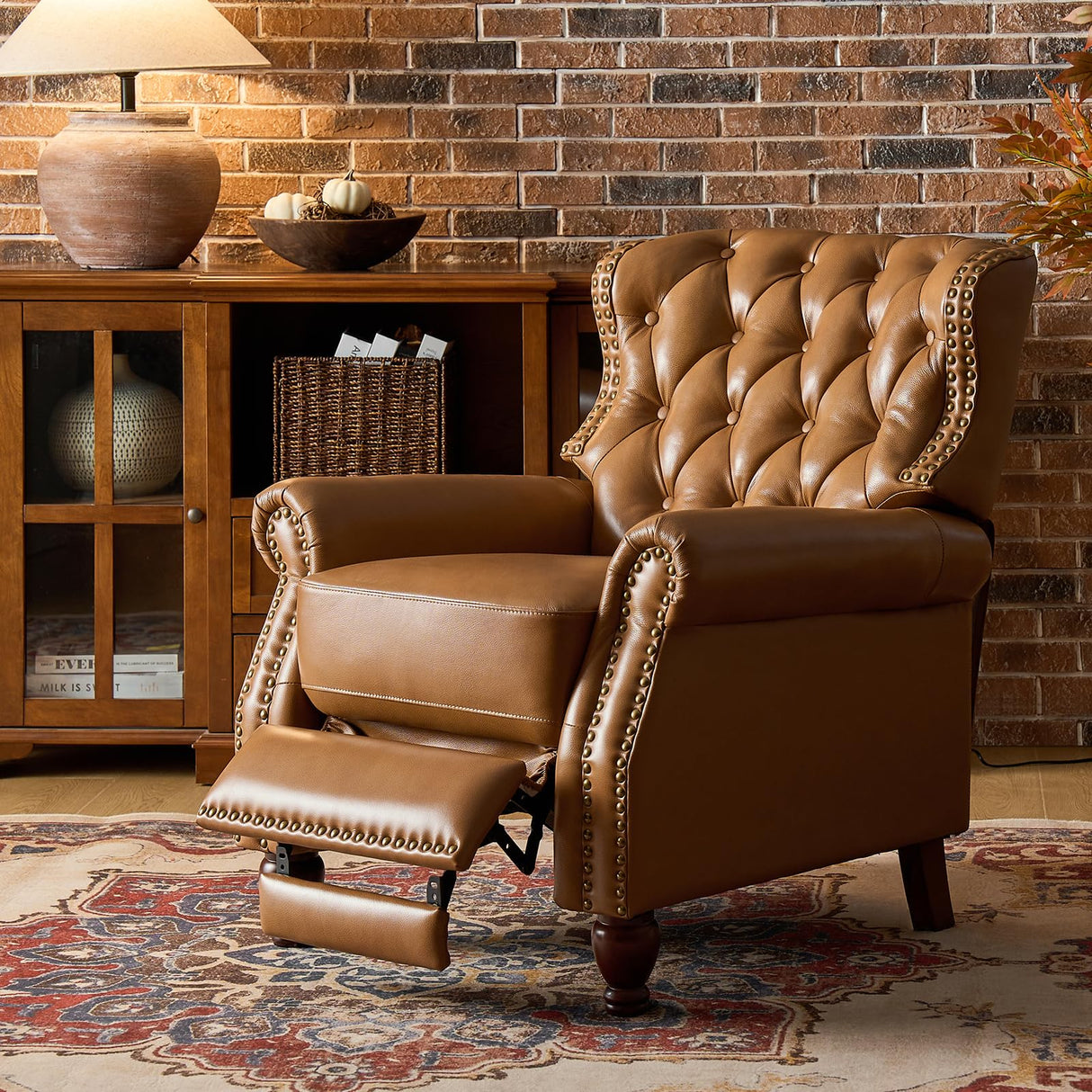 HULALA HOME Genuine Leather Manual Recliner Chair, Adjustable Tufted Push Back Reclining Sofa Armchair with Rivet Decoration & Solid Wood Legs, Modern Living Room Home Theater Seating, Camel HULALA HOME