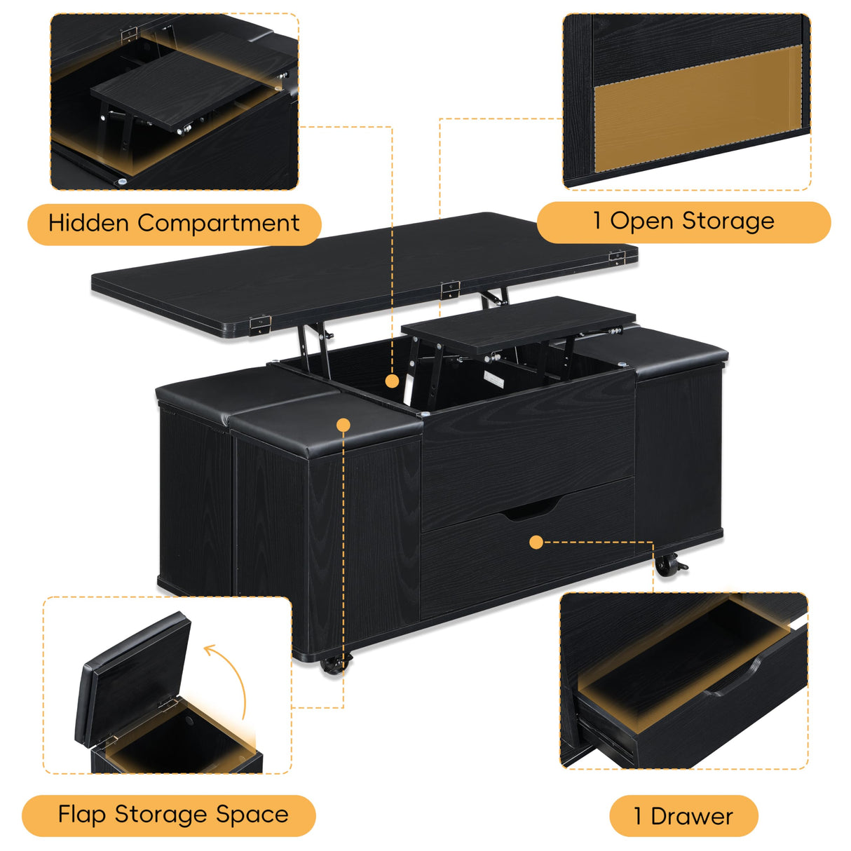 Christopher Knight Home Lucid Wooden Lift Top Coffee Table with Hidden Storage and 4 Stools, Center Table for Living Room with Compartment/Drawer, Multifunctional Table with Casters, Black Christopher Knight Home