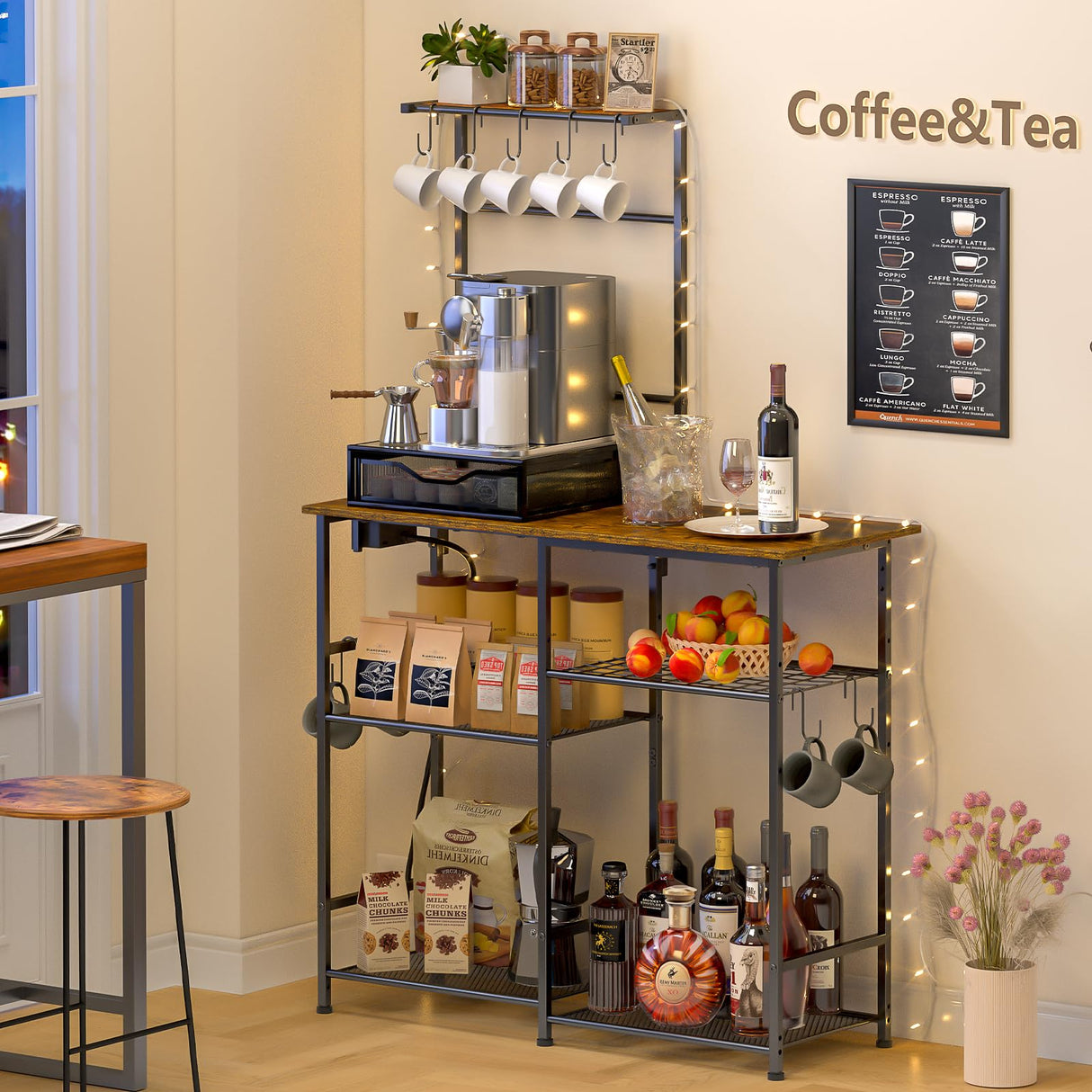 3IngSeagulls Bakers Rack with Power Outlet, Kitchen Microwave Stand with 10 S-Shaped Hooks, 6-Tier Coffee Bar Station, Kitchen Storage Shelf Rack for Spices, Pots, Rustic Brown 3IngSeagulls