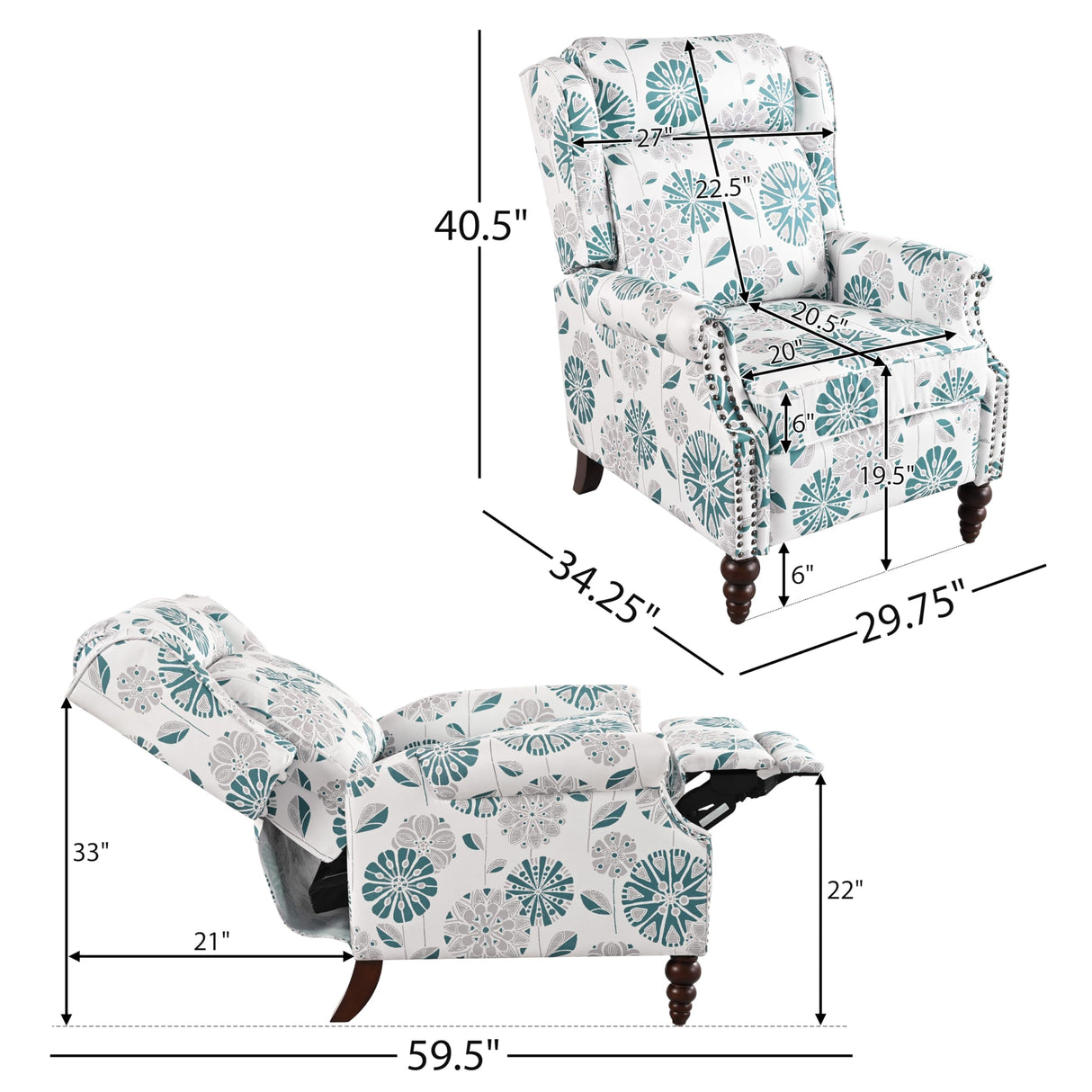 Christopher Knight Home 29.75" Push Back Recliner Chair,Upholstered Recliner Armchair with Classic Wing Back and Solid Gourd-Shaped Wooden Legs, White&Blue Christopher Knight Home