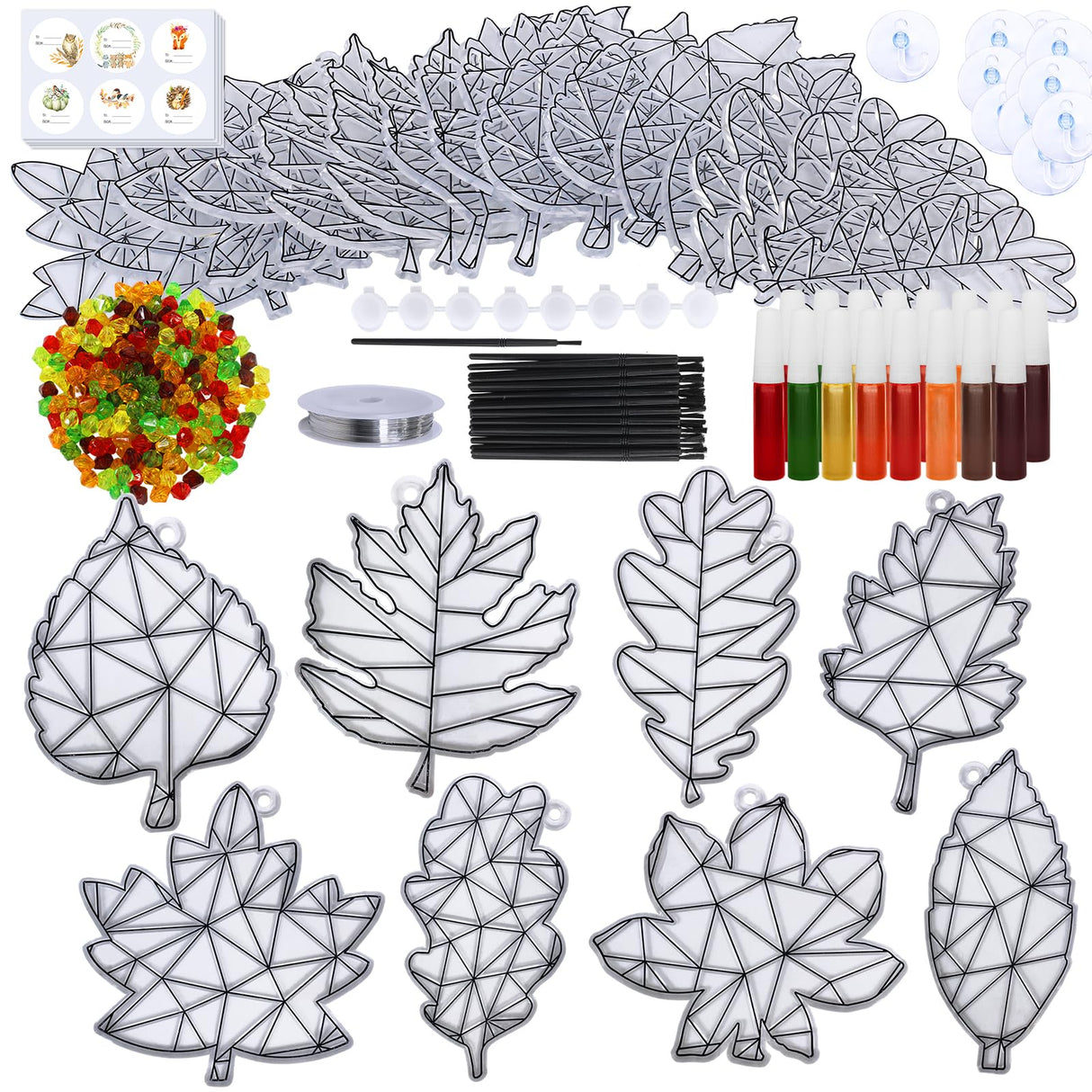 Winlyn 24 Sets Fall Leaf Suncatchers Ornaments Decorations DIY Window Paint Art Suncatchers Craft Kits Autumn Maple Leaf Sun Catchers for Kids Classroom Thanksgiving Harvest Party Art Project Winlyn