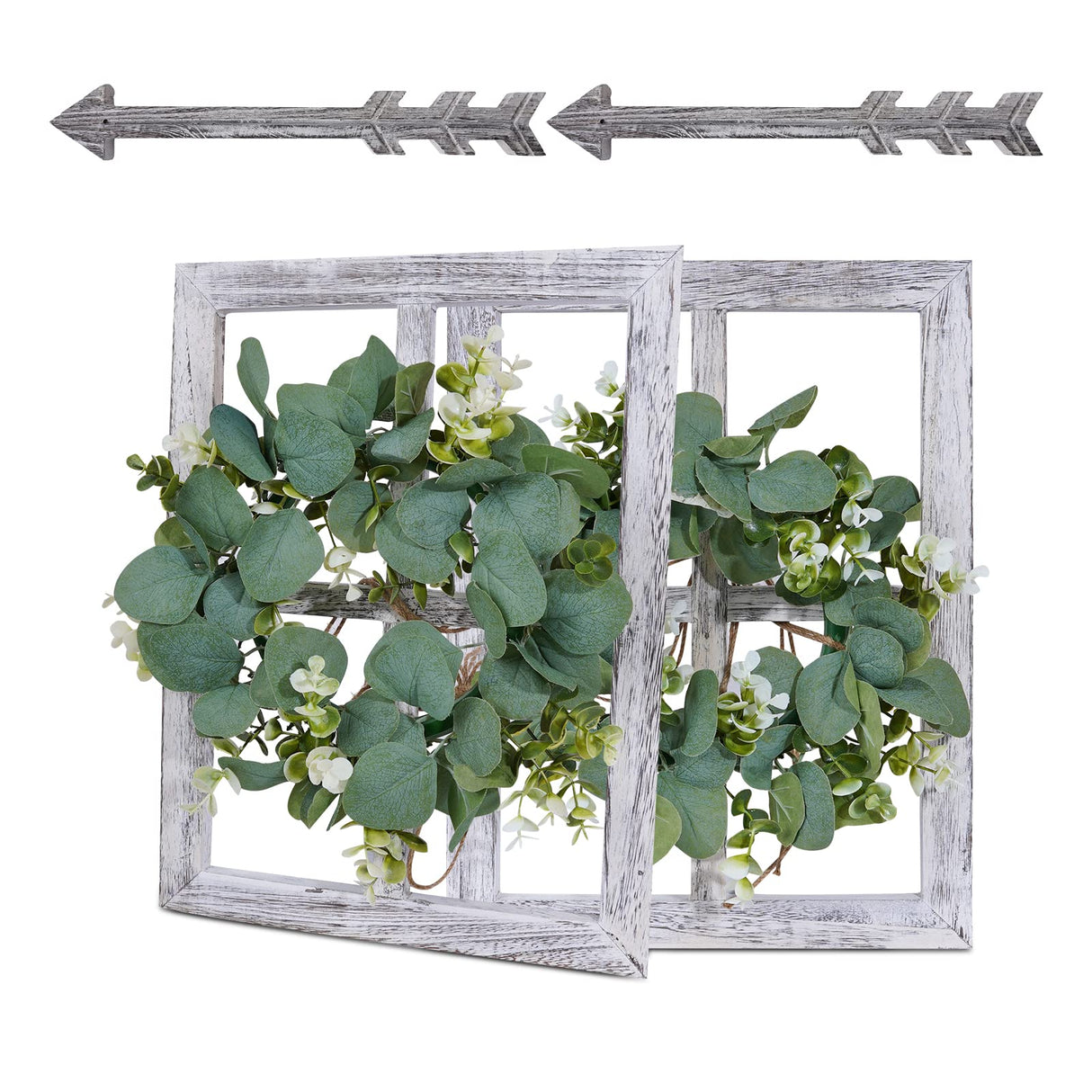 WAKOSAN Rustic Wood Window Frame with Green Wreath and Arrows Wall Decor,Farmhouse Window Frame Wall Decor, Wooden Fake Window Decoration,Window Pane Wall Decor,Set of 2 (White) WAKOSAN