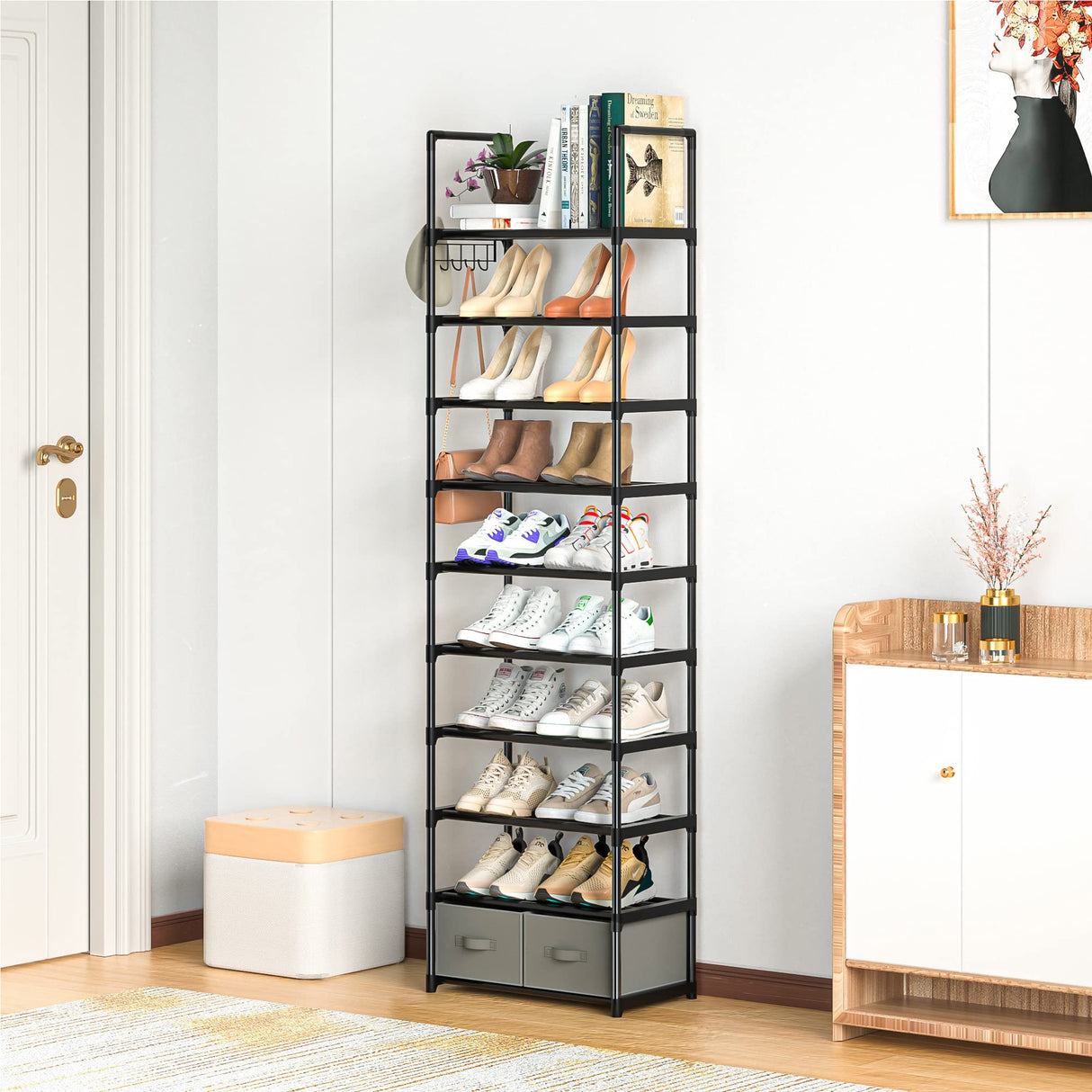 OYREL Tall Shoe Rack Narrow 10 Tier Shoes Rack 20 25 Pairs, Shoe Storage Organizer for Closet, Sturdy Metal Shoe Shelf Shoe Stand with 2 Boxes 1 Hook OYREL
