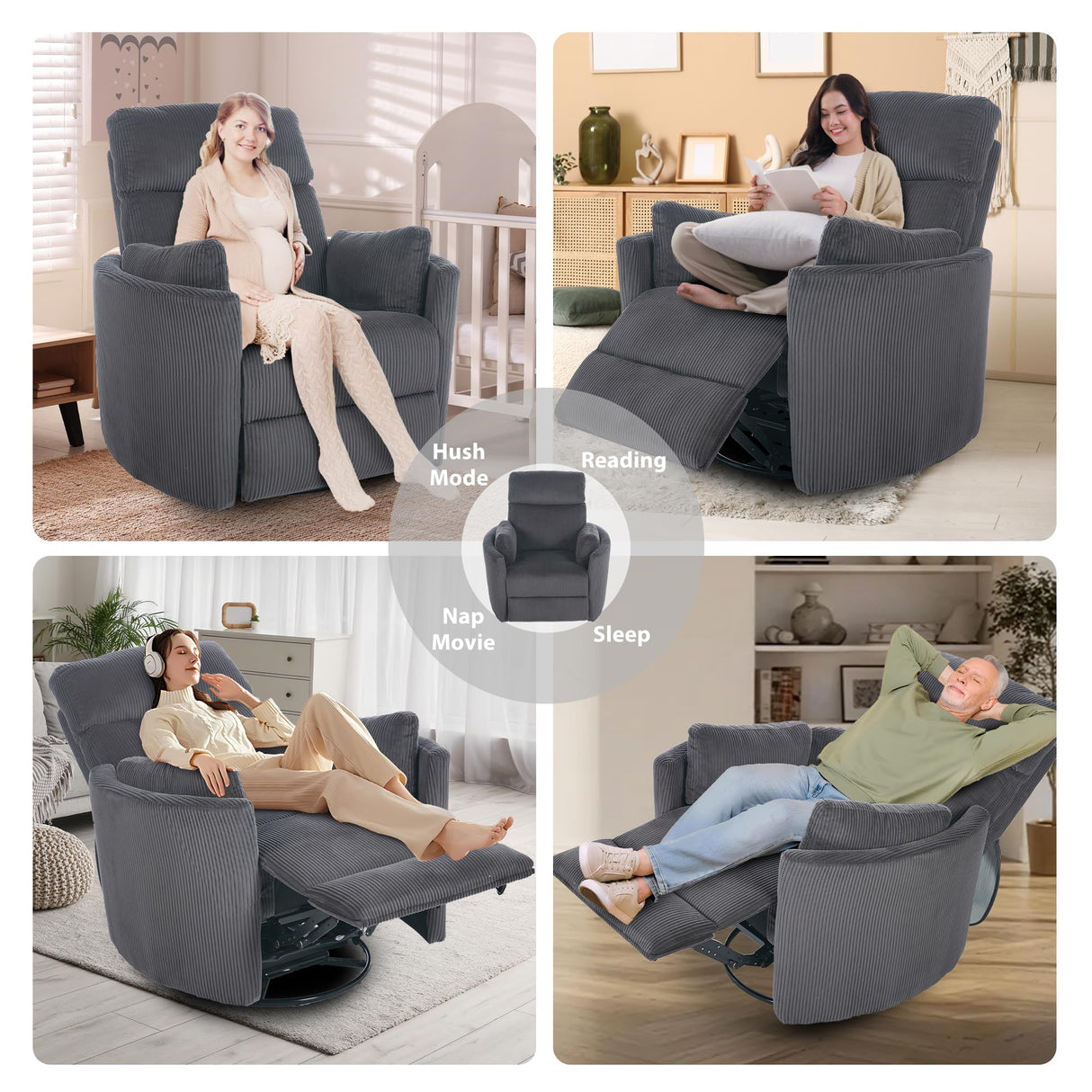 GNMLP2020 Power Swivel Glider Rocking Recliner Nursery Chair, Corduroy Rocker Recliner with USB, 2 Pillows, Barrel Armchair Single Sofa for Living Room Bedroom, Dark Grey GNMLP2020