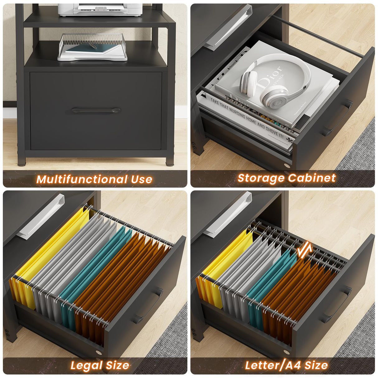 SEDETA Computer Desk with 5 Drawer, Power Outlet & Led Lights, 66'' Home Office Desk with File Drawer, Storage, Monitor Shelf, Gaming Desk, Black SEDETA