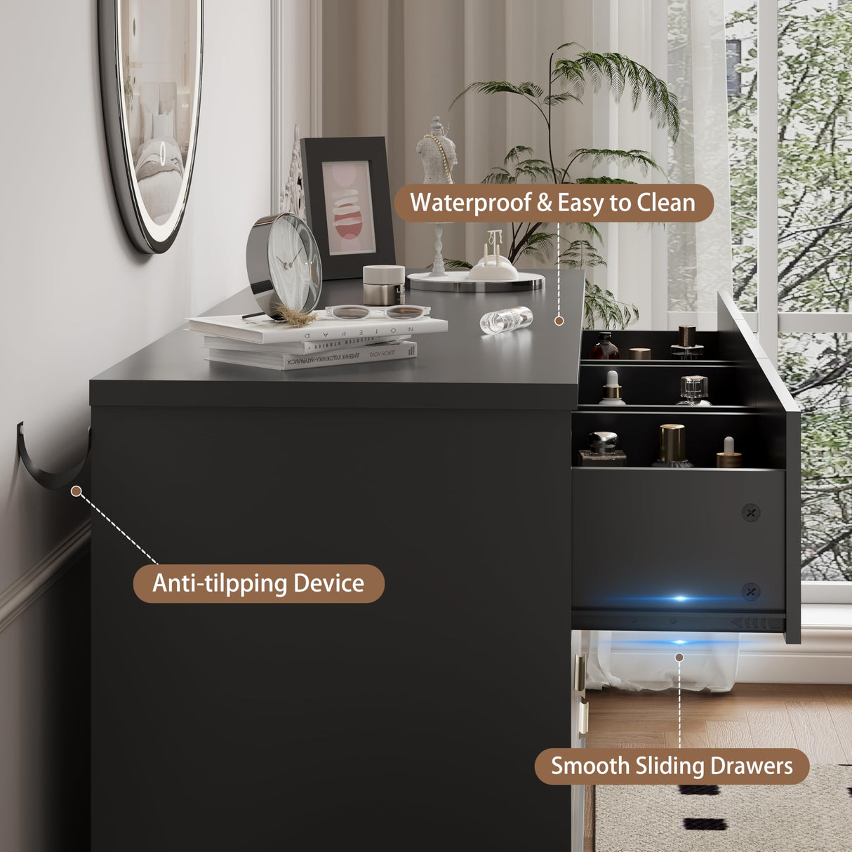 Dresser for Bedroom with 7 Drawer, Wood Modern Chest of Drawers with X-Shaped Sturdy Base, Wide Double Dresser Closet Clothes Storage Organizer, Wooden Dresser TV Stand for Living Room, Hallway, Black Xixini