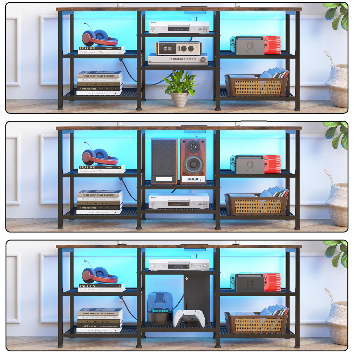 YGEOMER TV Stand for 55 inch TVs, Entertainment Center with Movable Shelf Panels, Power Outlet and LED Lights Open Storage Shelves, TV Media Console Table for Living Room and Bedroom, Rustic Brown YGEOMER