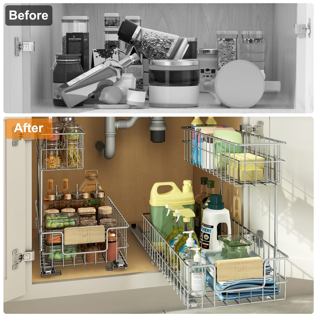 ROOMTEC Pull Out Cabinet Organizer, Under Sink Slide Out Storage Shelf with 2 Tier Sliding Wire Drawer, Sliding Storage for Inside Kitchen Cabinet- 11½ in. W x 21½ in. D (Left) ROOMTEC