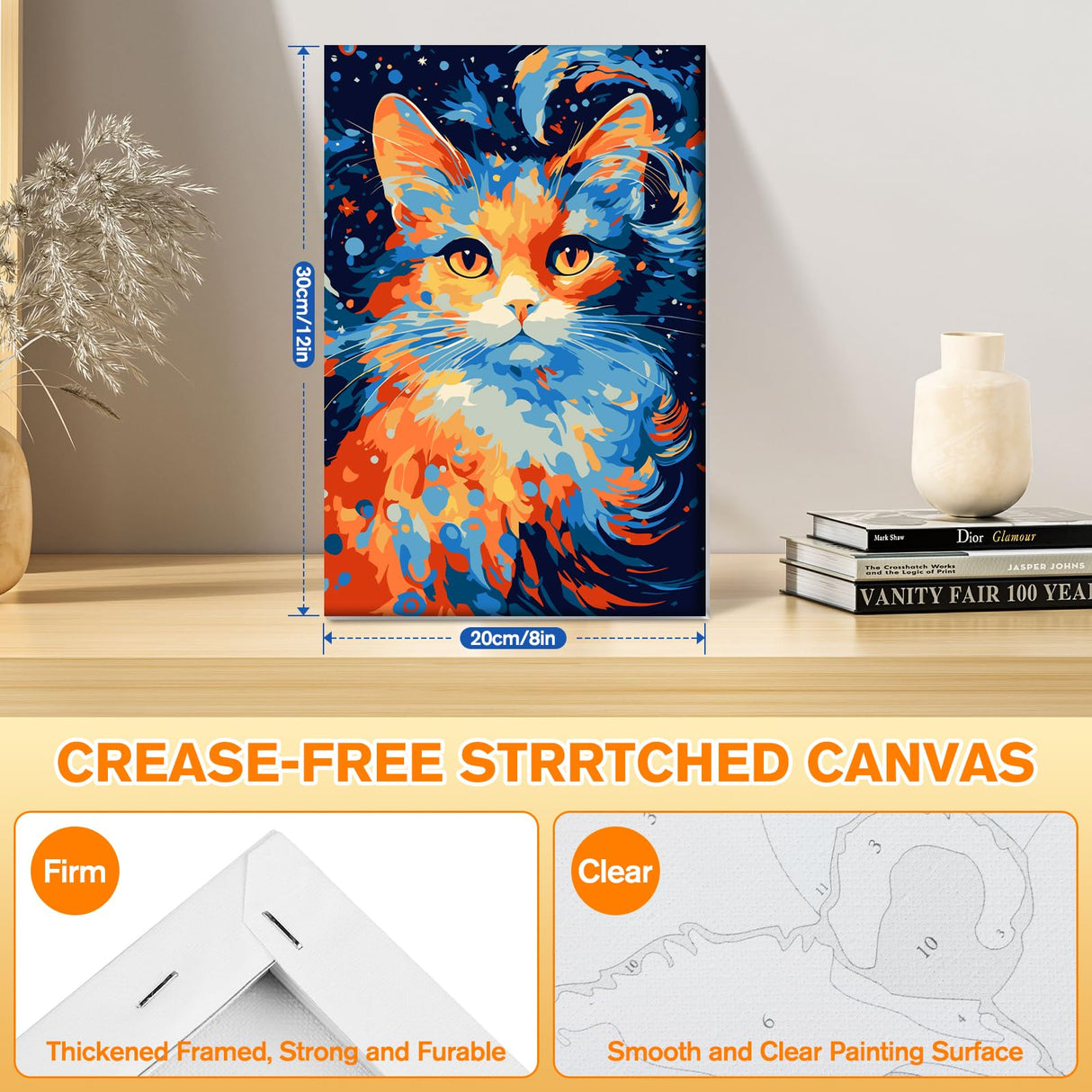 Bowetile Cat Paint by Numbers for Adults Beginners Framed, Easy Adults' Paint-by-Number Kits, DIY Adult Paint by Number Kits on Canvas, Animals Acrylic Number Painting for Home Decor, 8x12in Bowetile