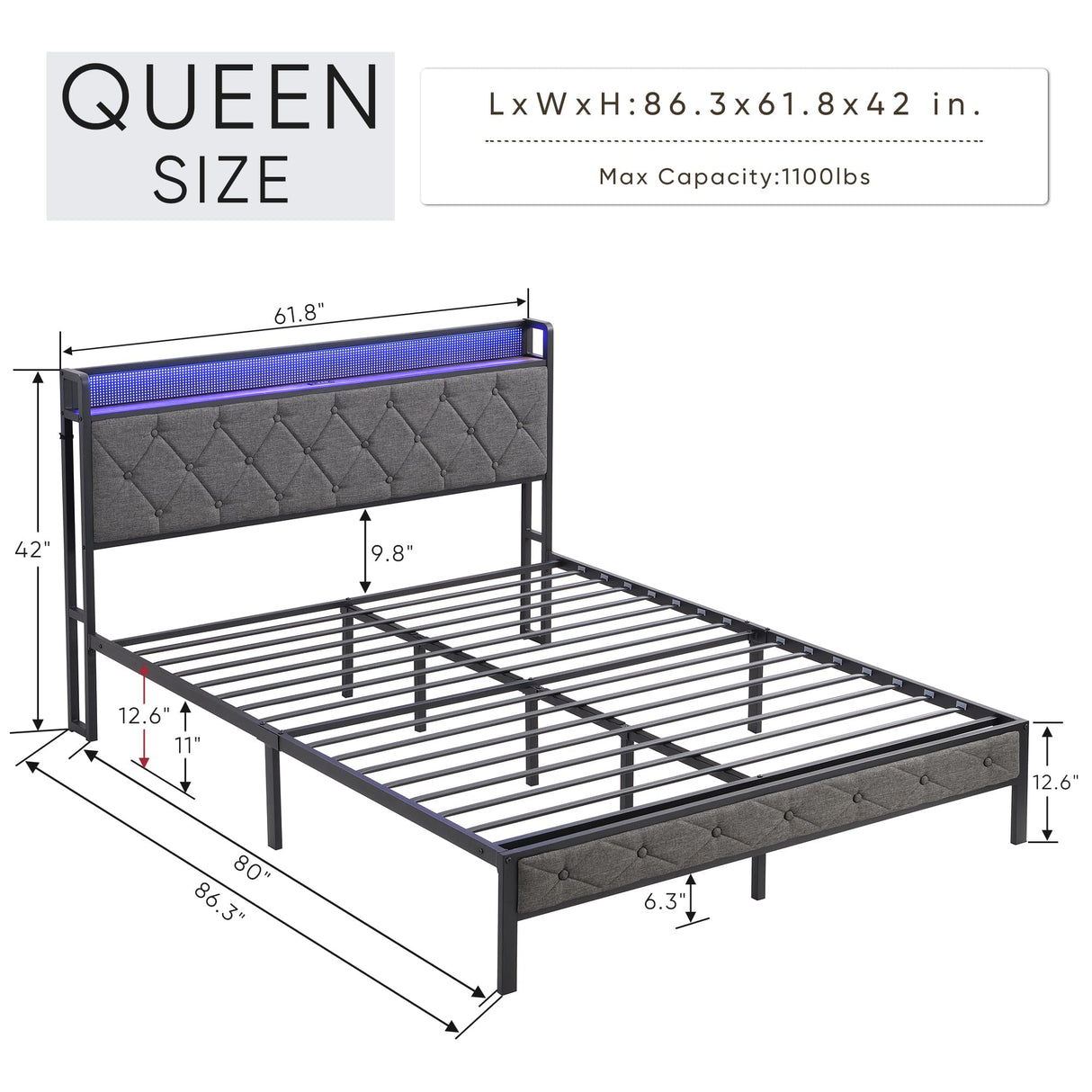 HBRR Modern Queen Size Upholstered Bed Frame with Storage Headboard, LED Lights, and Charging Station in Dark Gray HBRR